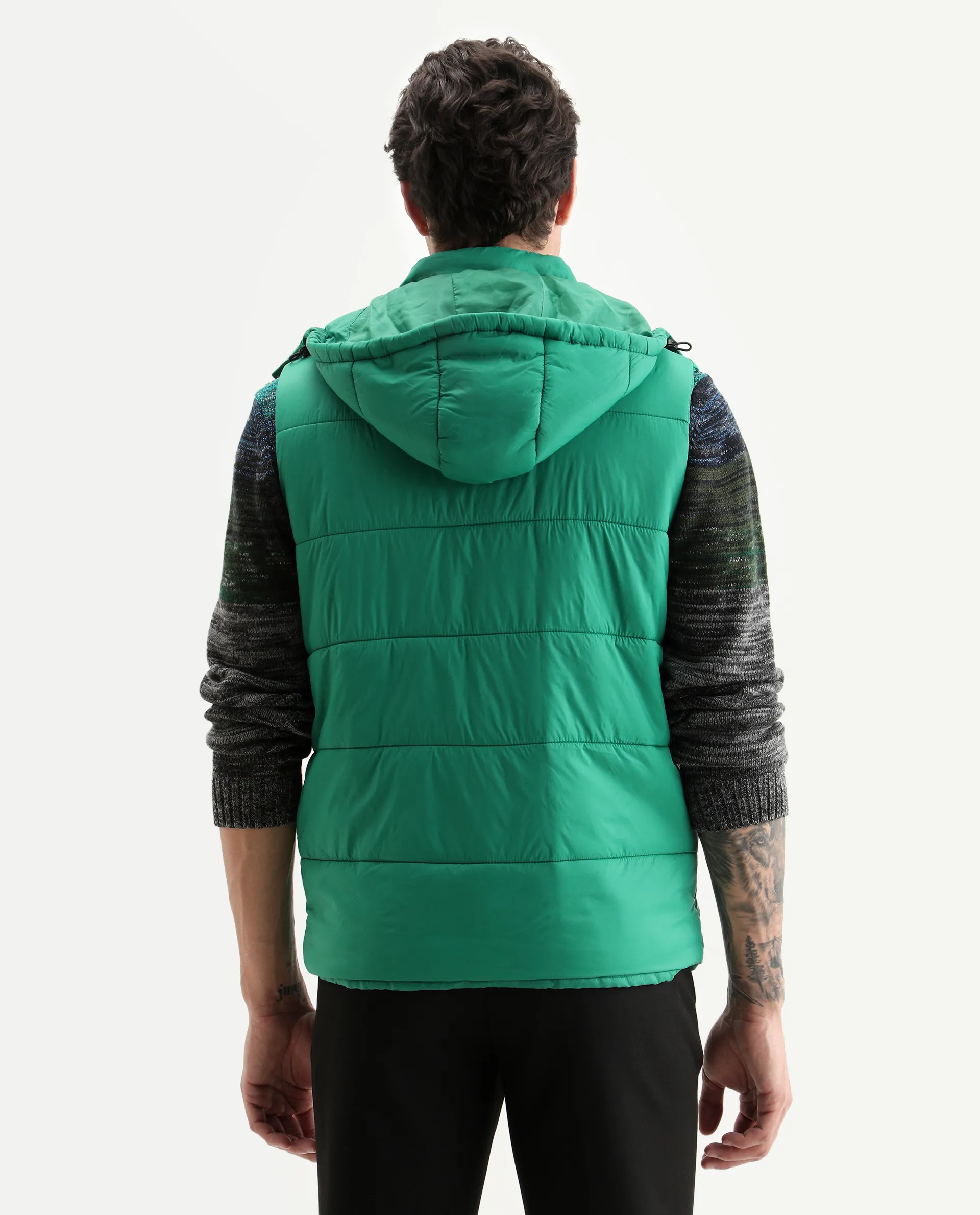 Rare Rabbit Men's Depot Green Nylon Plain Slim Fit Sleeveless Hooded Jacket - Image 7
