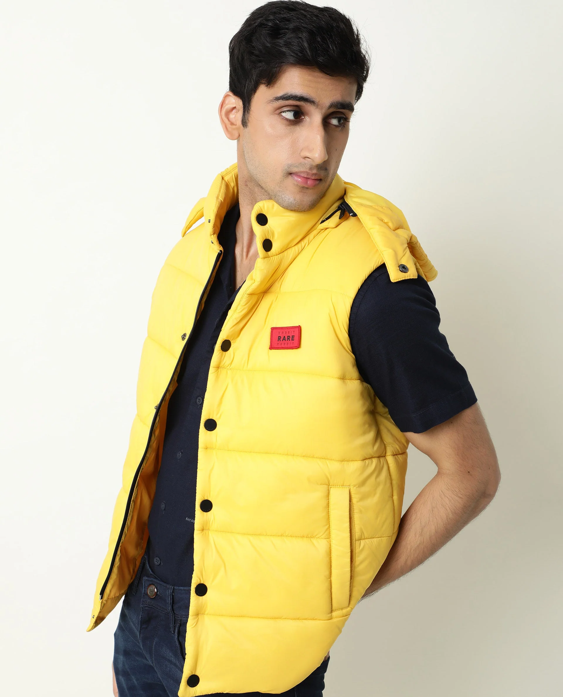 Rare Rabbit Men's Depot Yellow Nylon Plain Slim Fit Sleeveless Hooded Jacket - Image 2