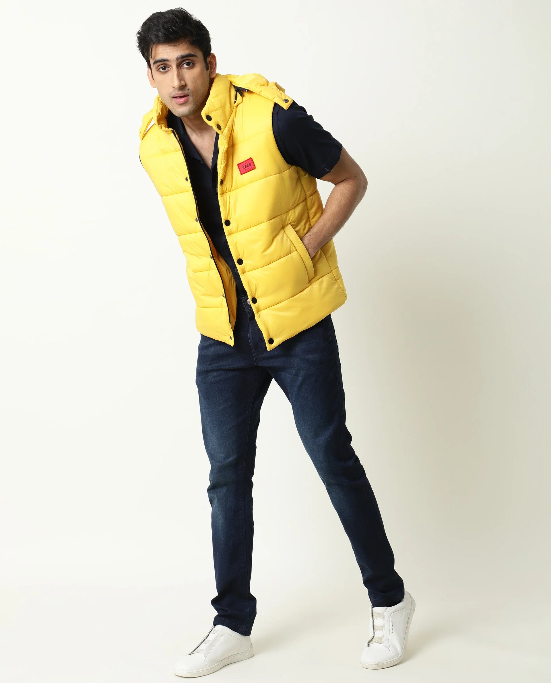 Rare Rabbit Men's Depot Yellow Nylon Plain Slim Fit Sleeveless Hooded Jacket - Image 3