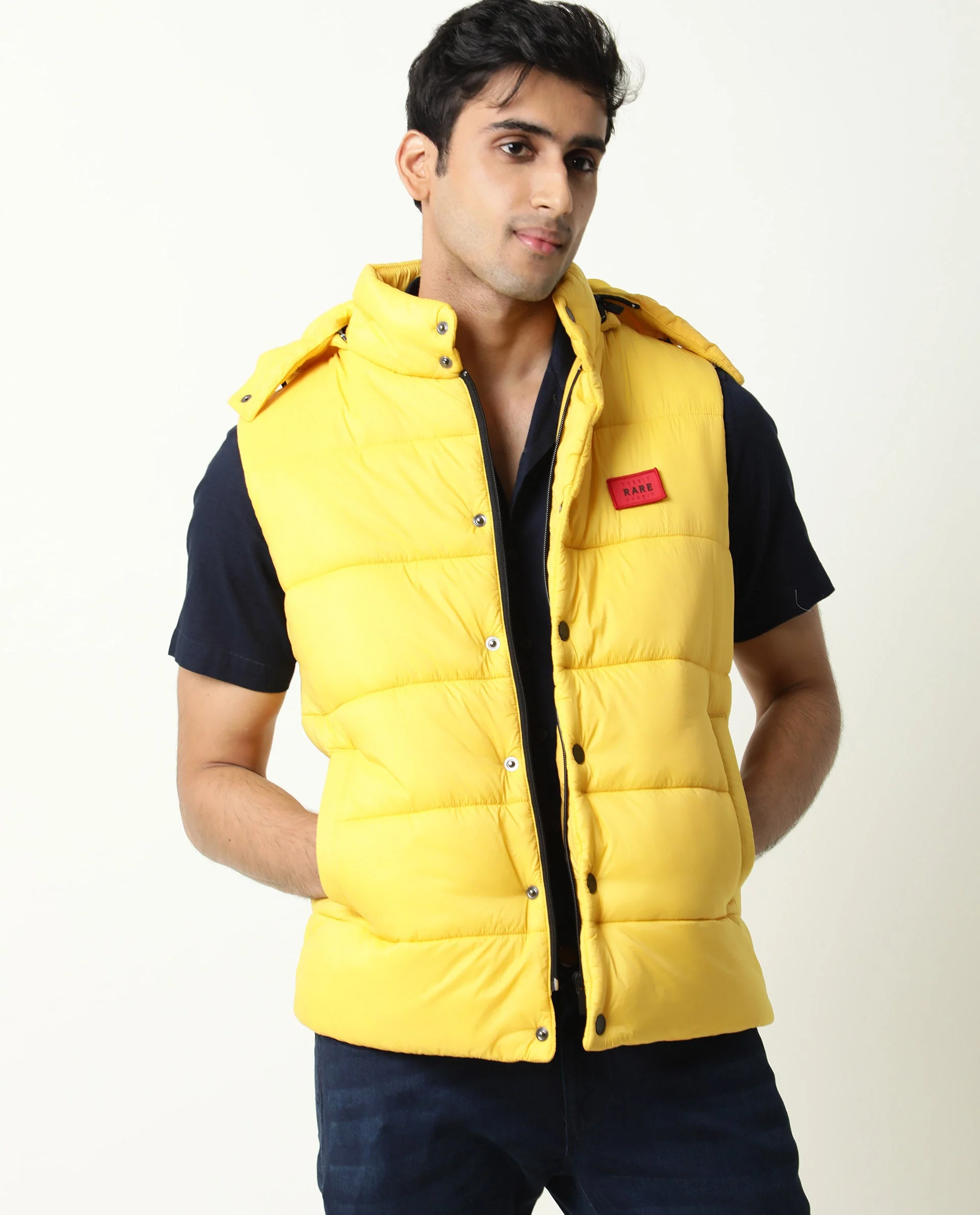 Rare Rabbit Men's Depot Yellow Nylon Plain Slim Fit Sleeveless Hooded Jacket - Image 4