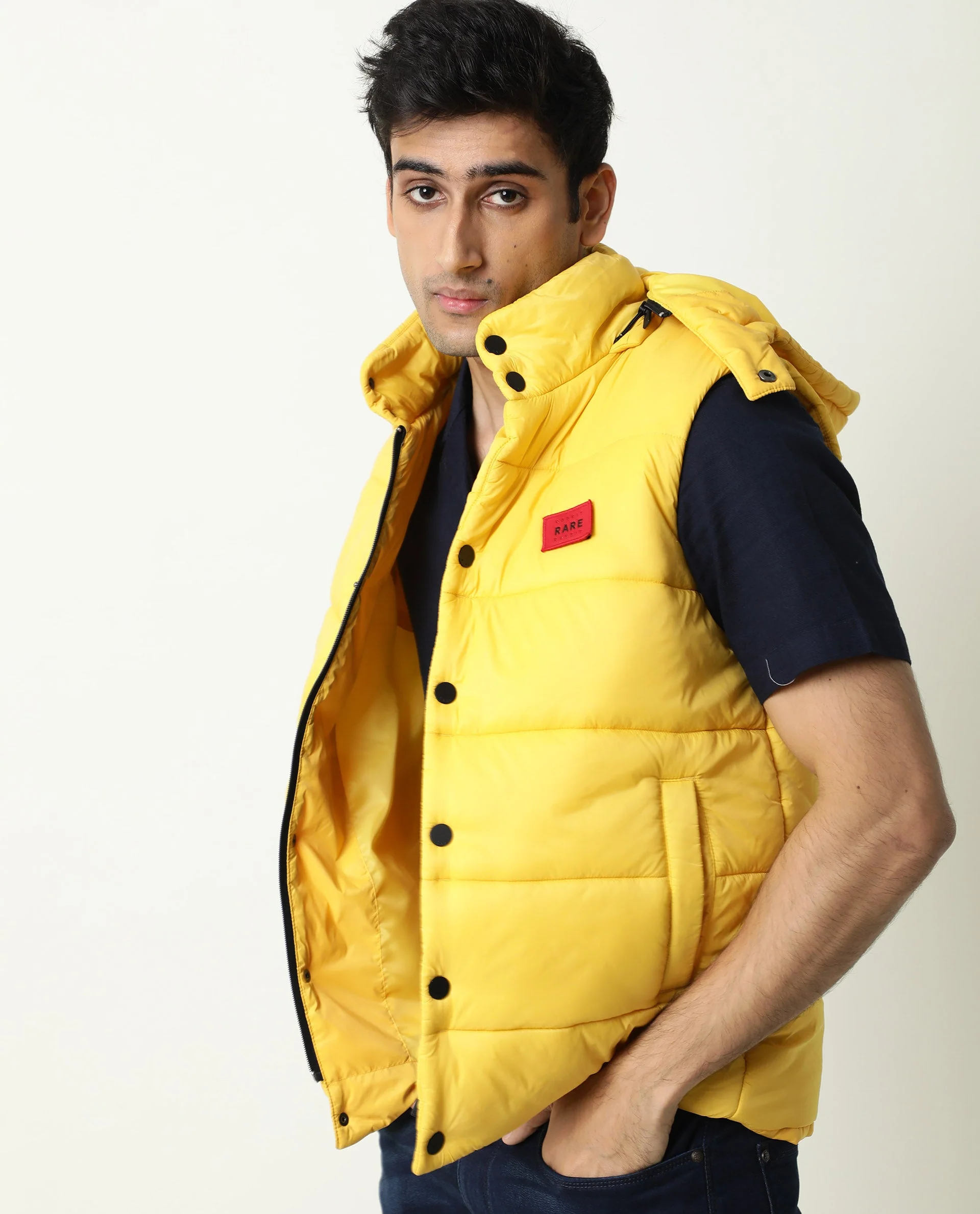 Rare Rabbit Men's Depot Yellow Nylon Plain Slim Fit Sleeveless Hooded Jacket - Image 5