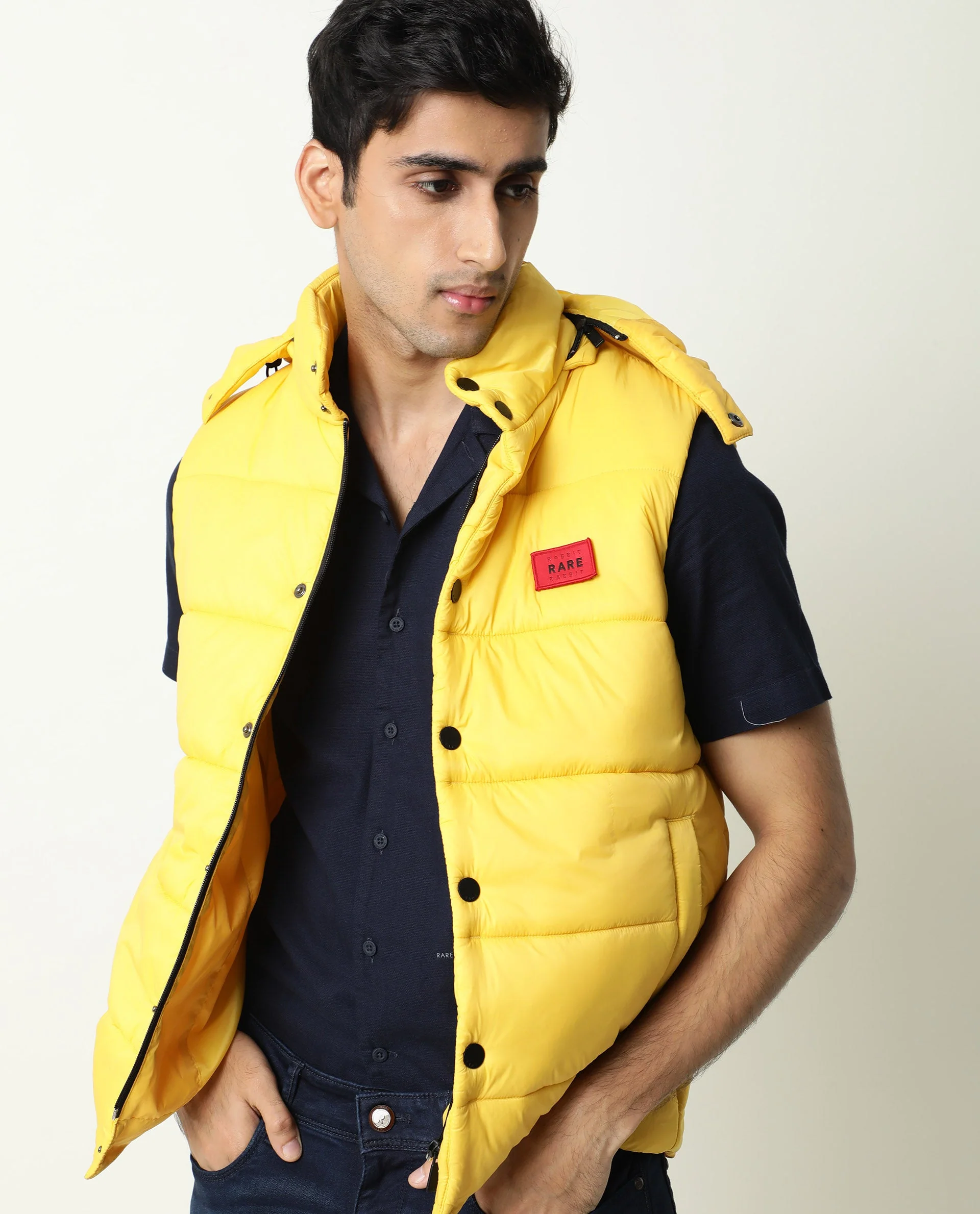 Rare Rabbit Men's Depot Yellow Nylon Plain Slim Fit Sleeveless Hooded Jacket - Image 6