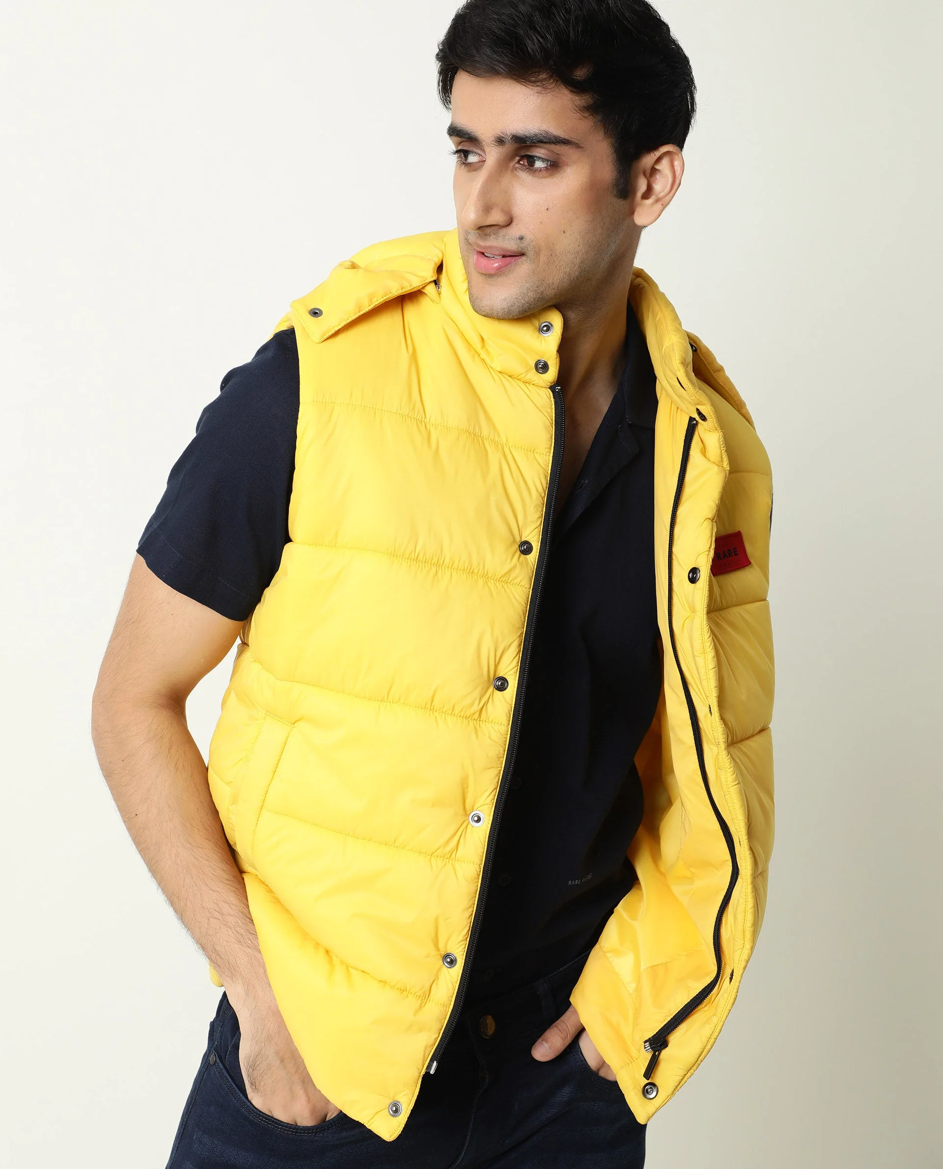 Rare Rabbit Men's Depot Yellow Nylon Plain Slim Fit Sleeveless Hooded Jacket - Image 7