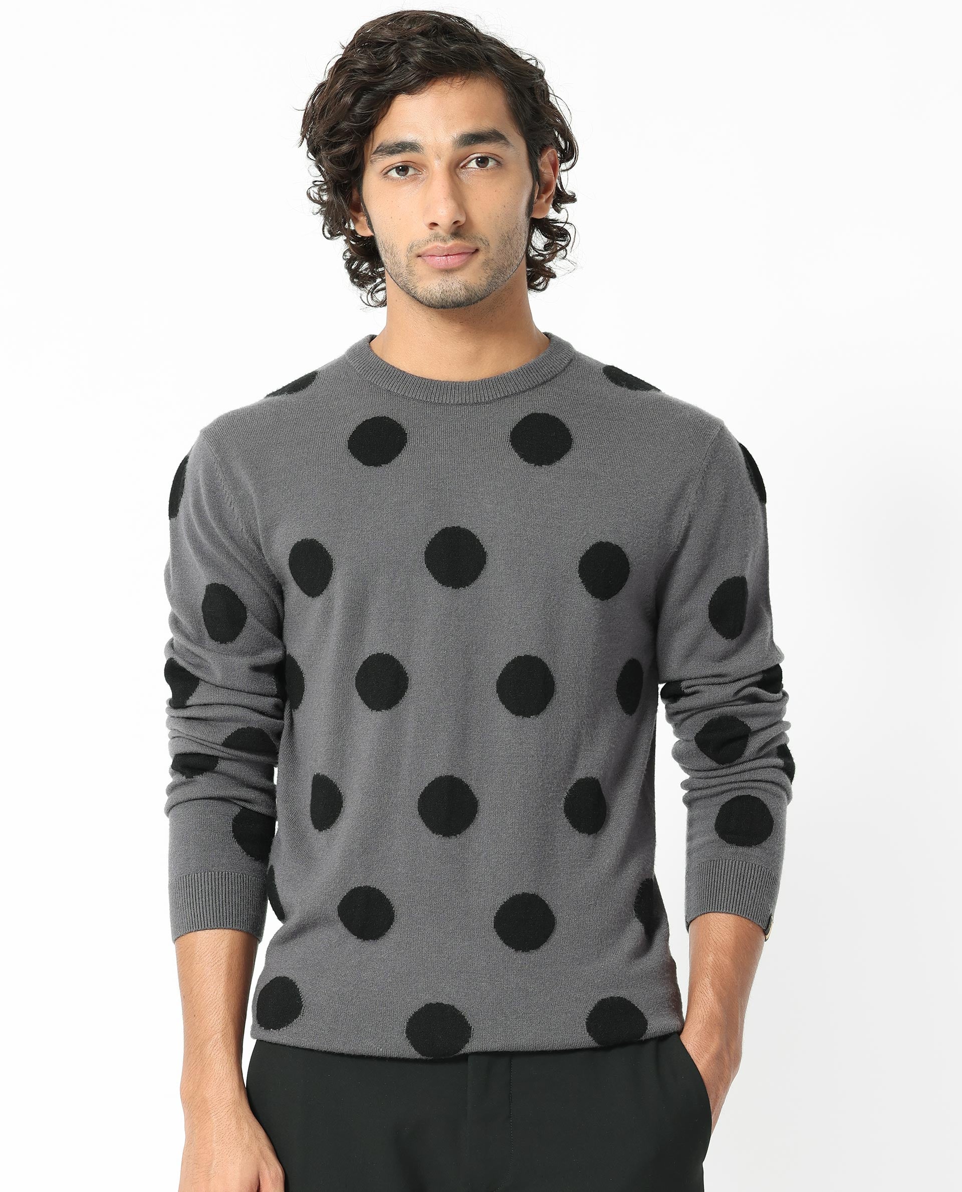 Rare Rabbit Men's Deremy Grey Viscose Polka Print Relaxed Fit Full Sleeve Crew Neck Sweater - Image 10