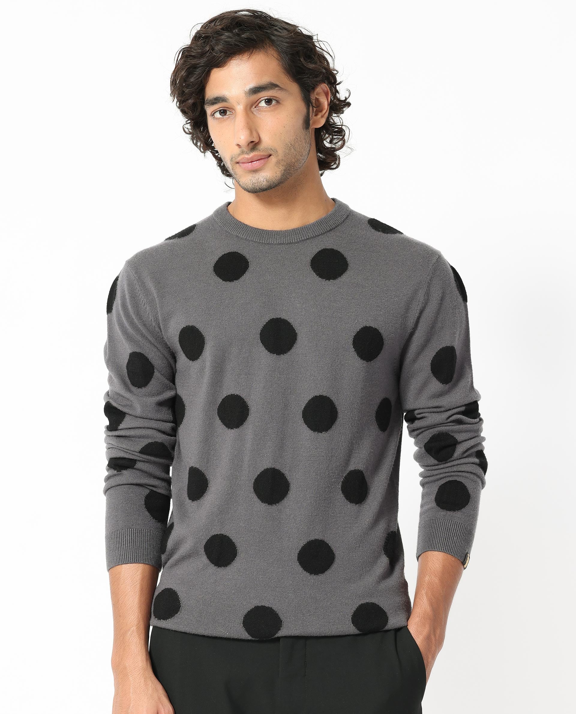 Rare Rabbit Men's Deremy Grey Viscose Polka Print Relaxed Fit Full Sleeve Crew Neck Sweater - Image 11