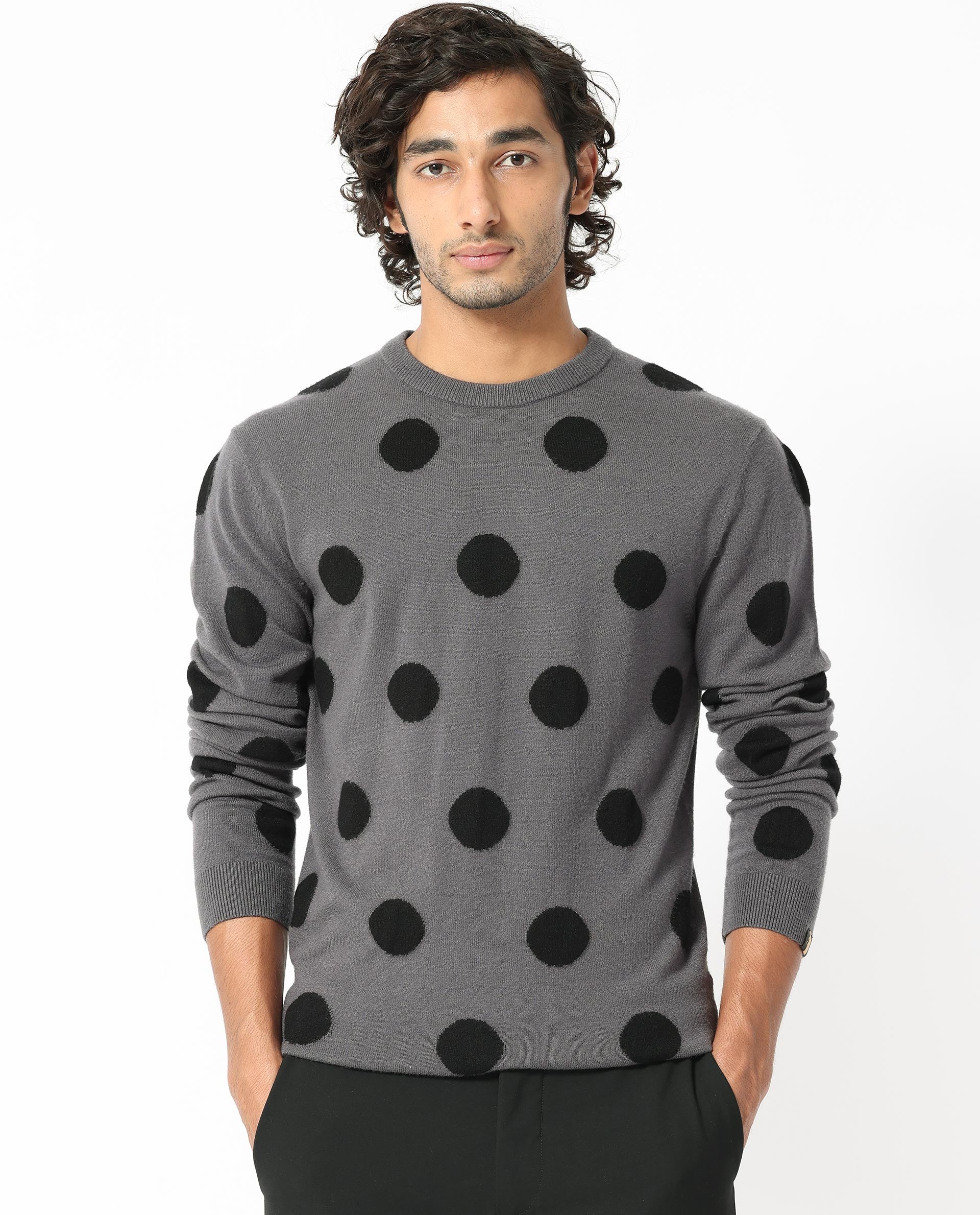 Rare Rabbit Men's Deremy Grey Viscose Polka Print Relaxed Fit Full Sleeve Crew Neck Sweater - Image 12