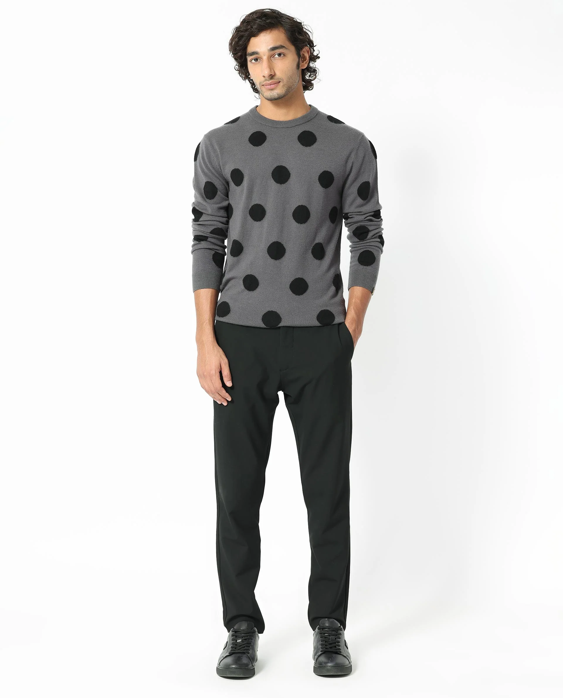 Rare Rabbit Men's Deremy Grey Viscose Polka Print Relaxed Fit Full Sleeve Crew Neck Sweater - Image 2