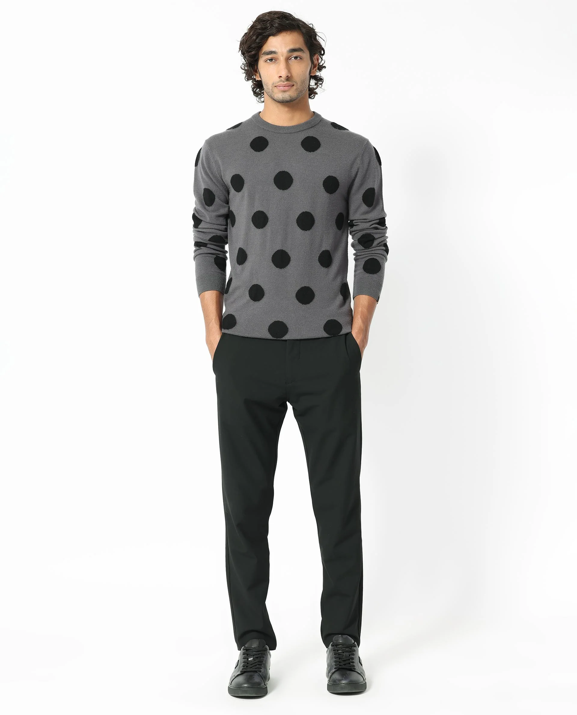 Rare Rabbit Men's Deremy Grey Viscose Polka Print Relaxed Fit Full Sleeve Crew Neck Sweater - Image 3