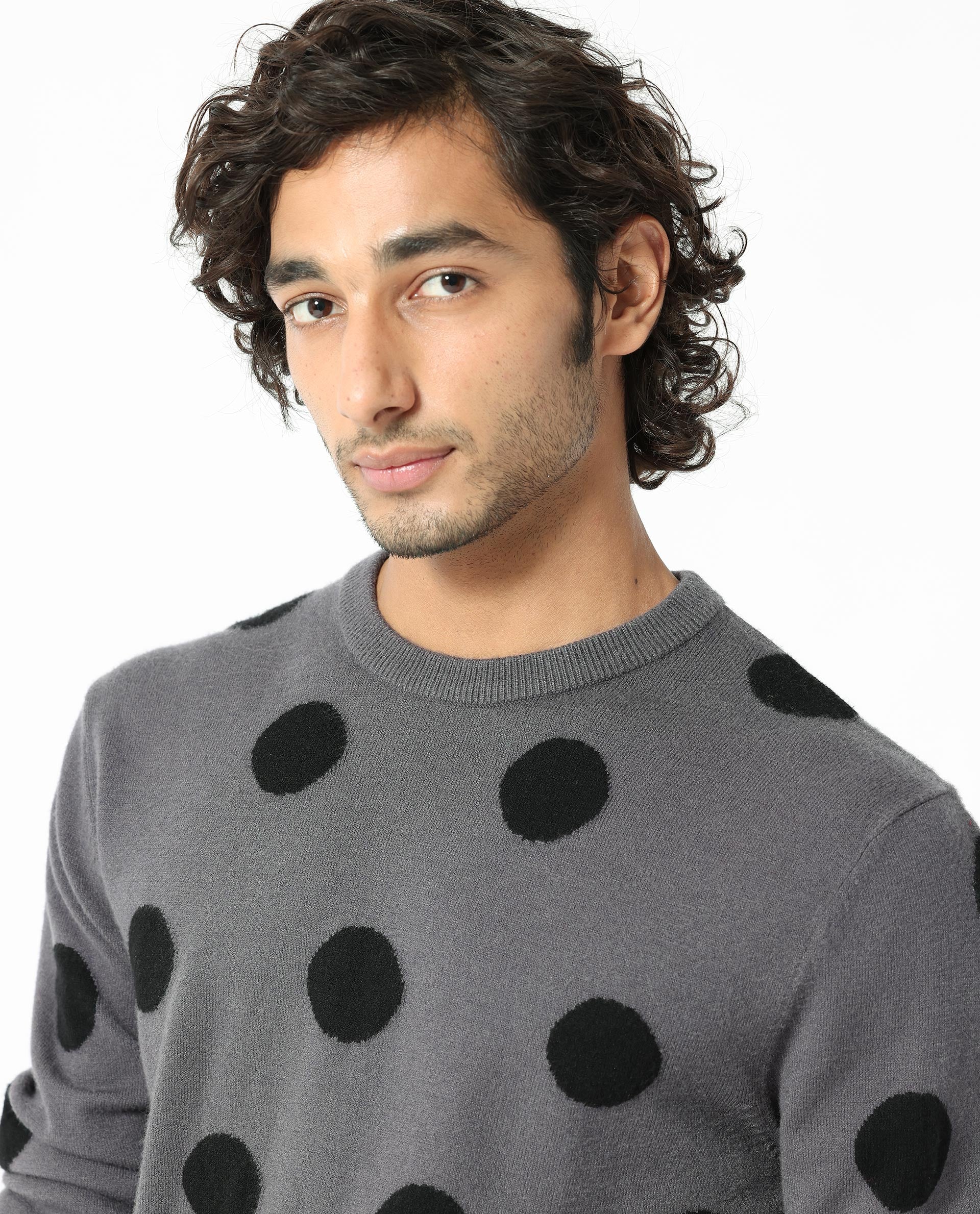 Rare Rabbit Men's Deremy Grey Viscose Polka Print Relaxed Fit Full Sleeve Crew Neck Sweater - Image 4