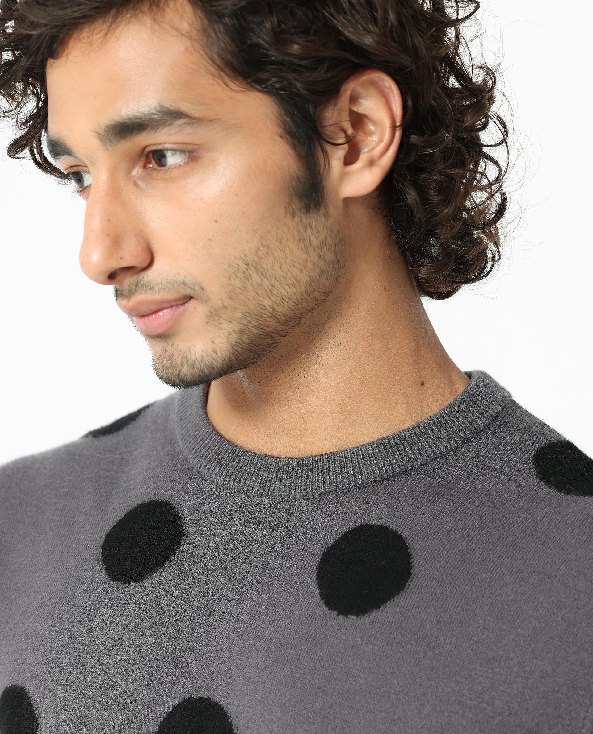 Rare Rabbit Men's Deremy Grey Viscose Polka Print Relaxed Fit Full Sleeve Crew Neck Sweater - Image 5