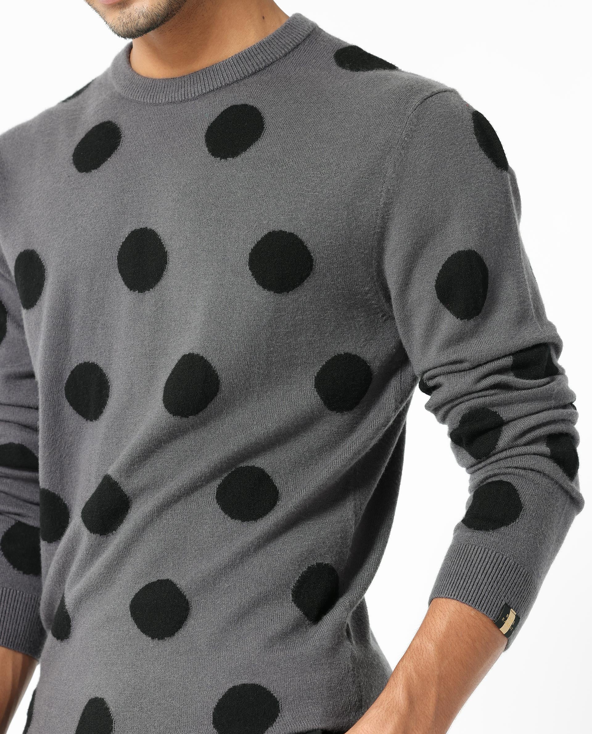 Rare Rabbit Men's Deremy Grey Viscose Polka Print Relaxed Fit Full Sleeve Crew Neck Sweater - Image 6