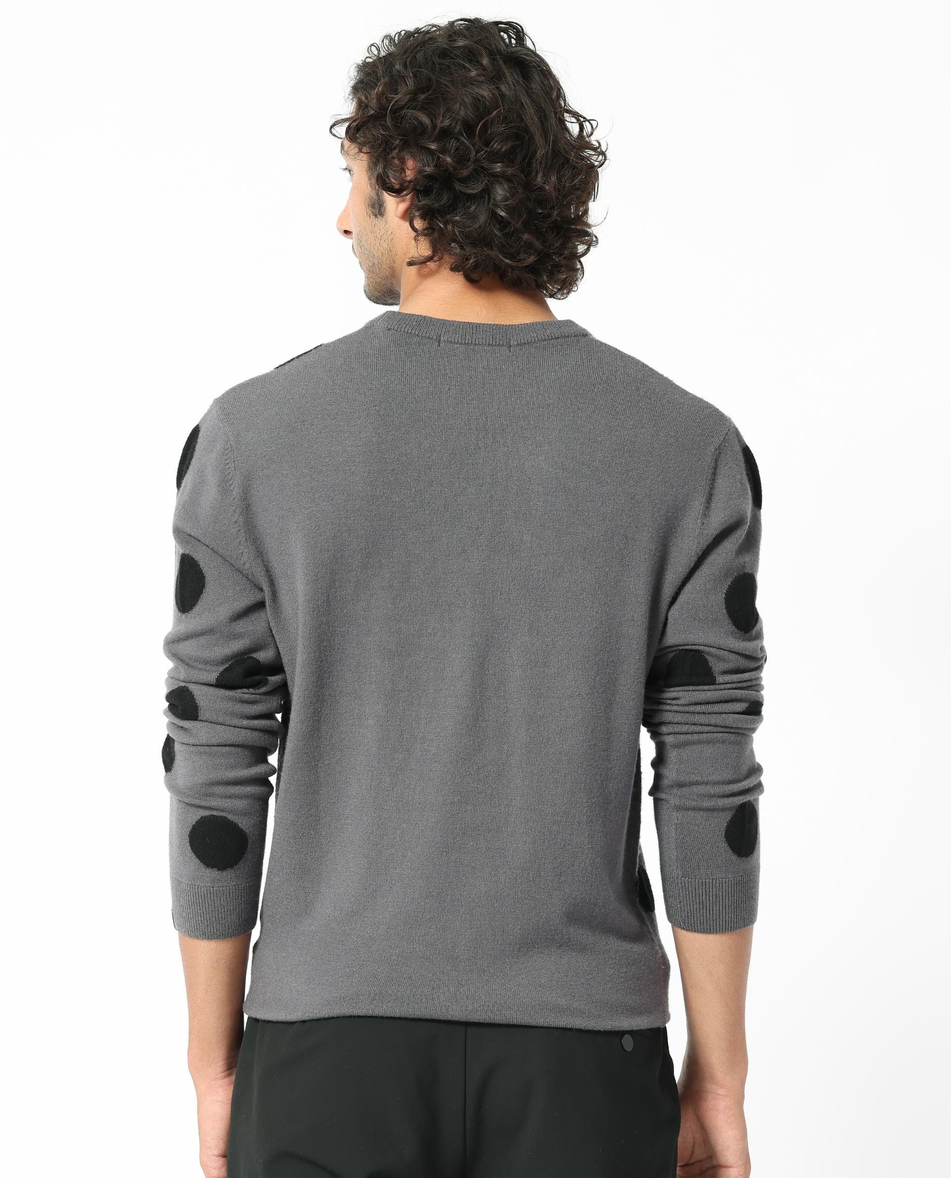Rare Rabbit Men's Deremy Grey Viscose Polka Print Relaxed Fit Full Sleeve Crew Neck Sweater - Image 7
