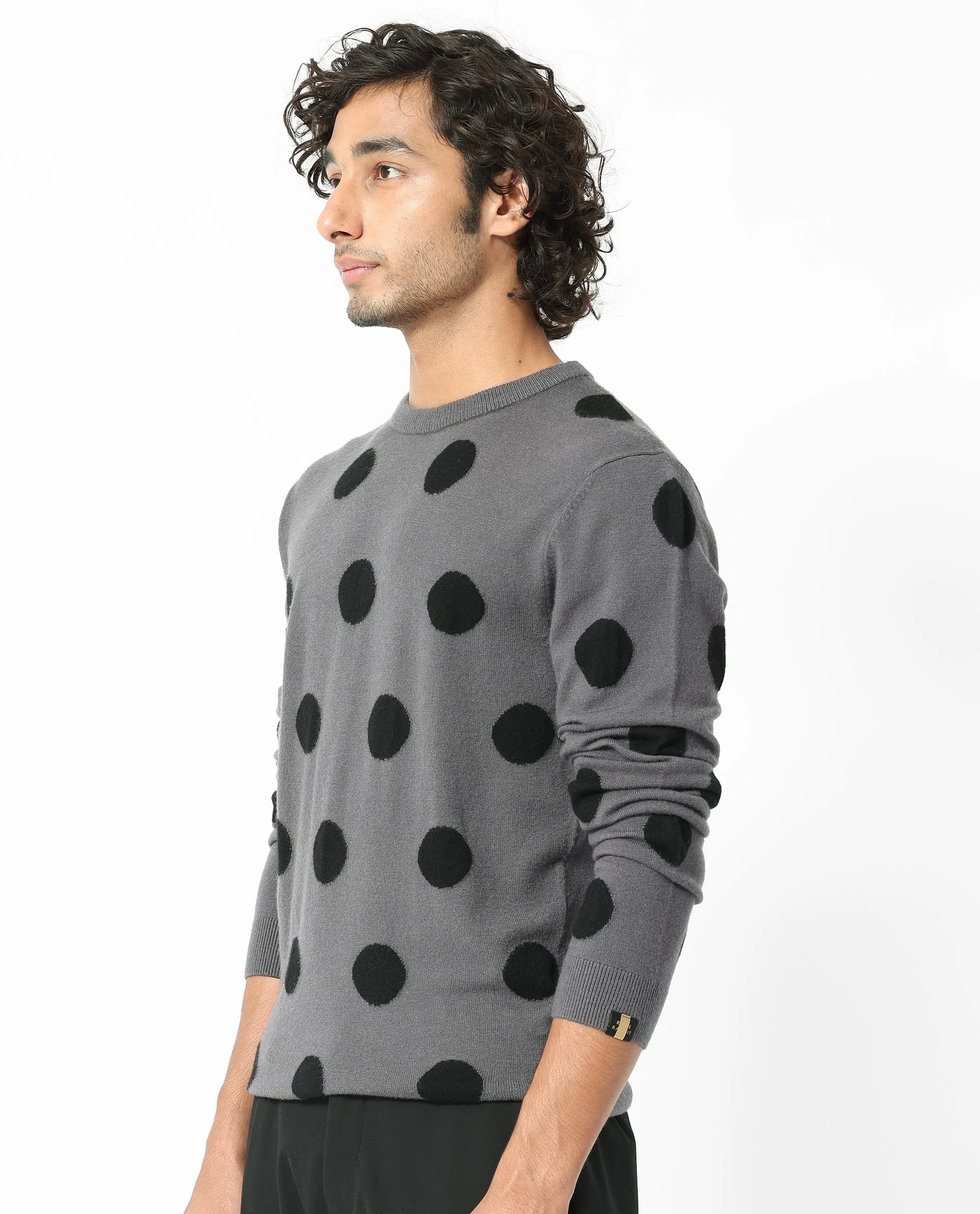 Rare Rabbit Men's Deremy Grey Viscose Polka Print Relaxed Fit Full Sleeve Crew Neck Sweater - Image 8