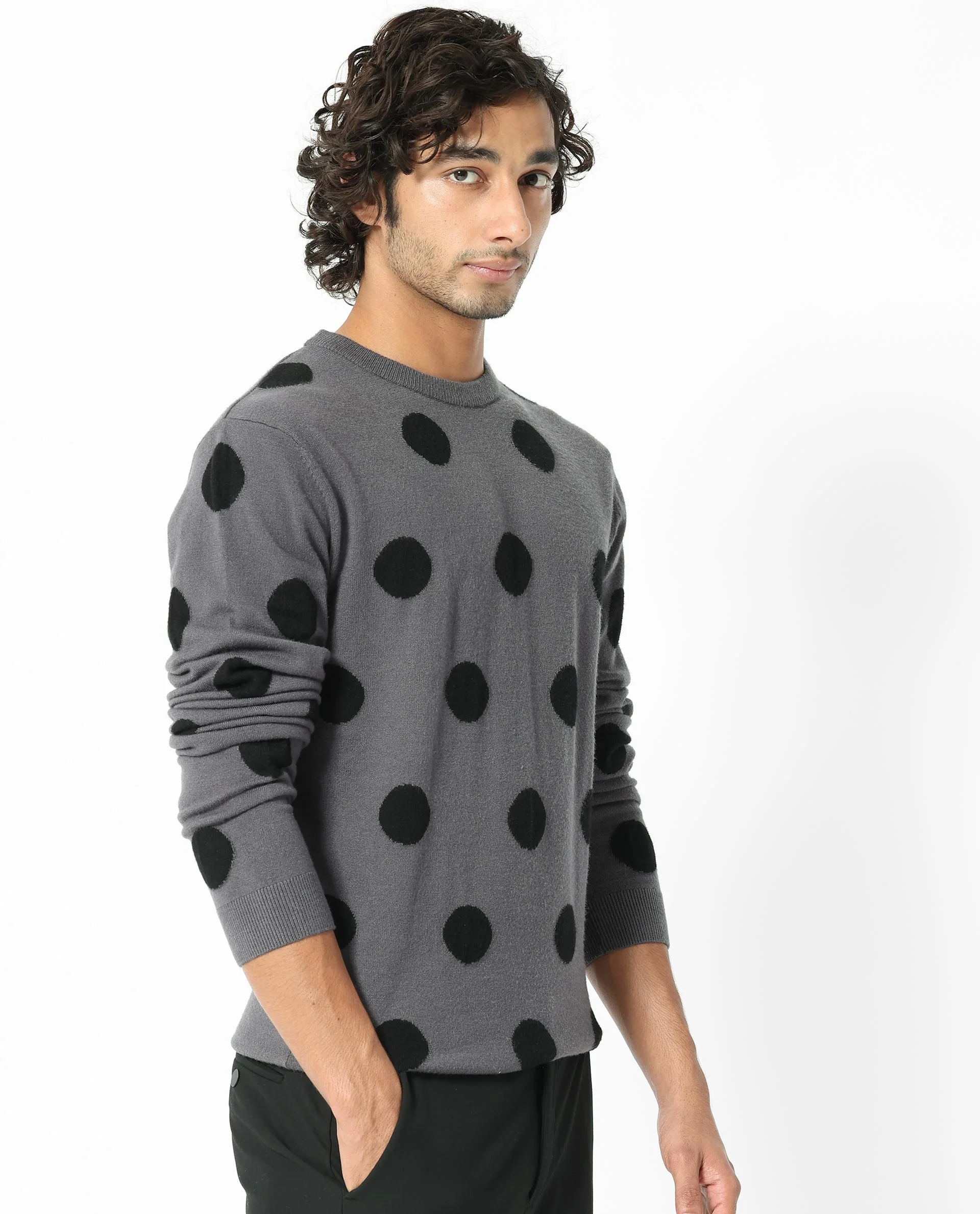 Rare Rabbit Men's Deremy Grey Viscose Polka Print Relaxed Fit Full Sleeve Crew Neck Sweater - Image 9