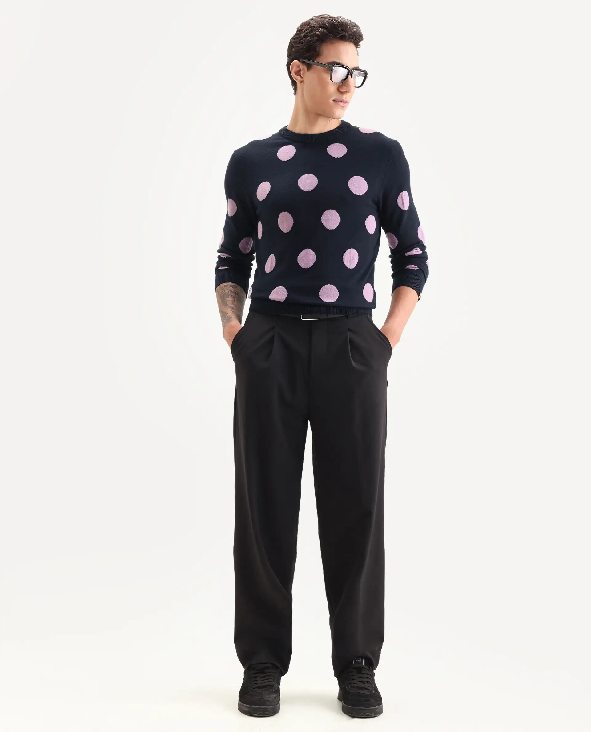 Rare Rabbit Men's Deremy Navy Viscose Polka Print Relaxed Fit Full Sleeve Crew Neck Sweater - Image 2