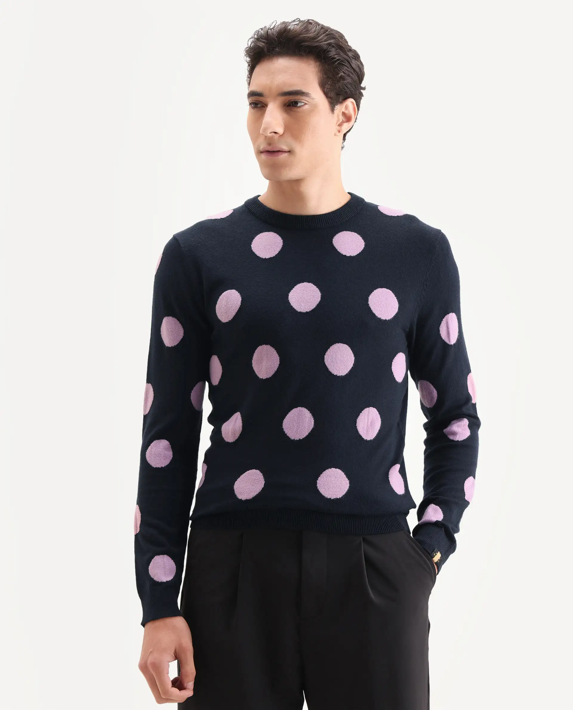 Rare Rabbit Men's Deremy Navy Viscose Polka Print Relaxed Fit Full Sleeve Crew Neck Sweater - Image 3