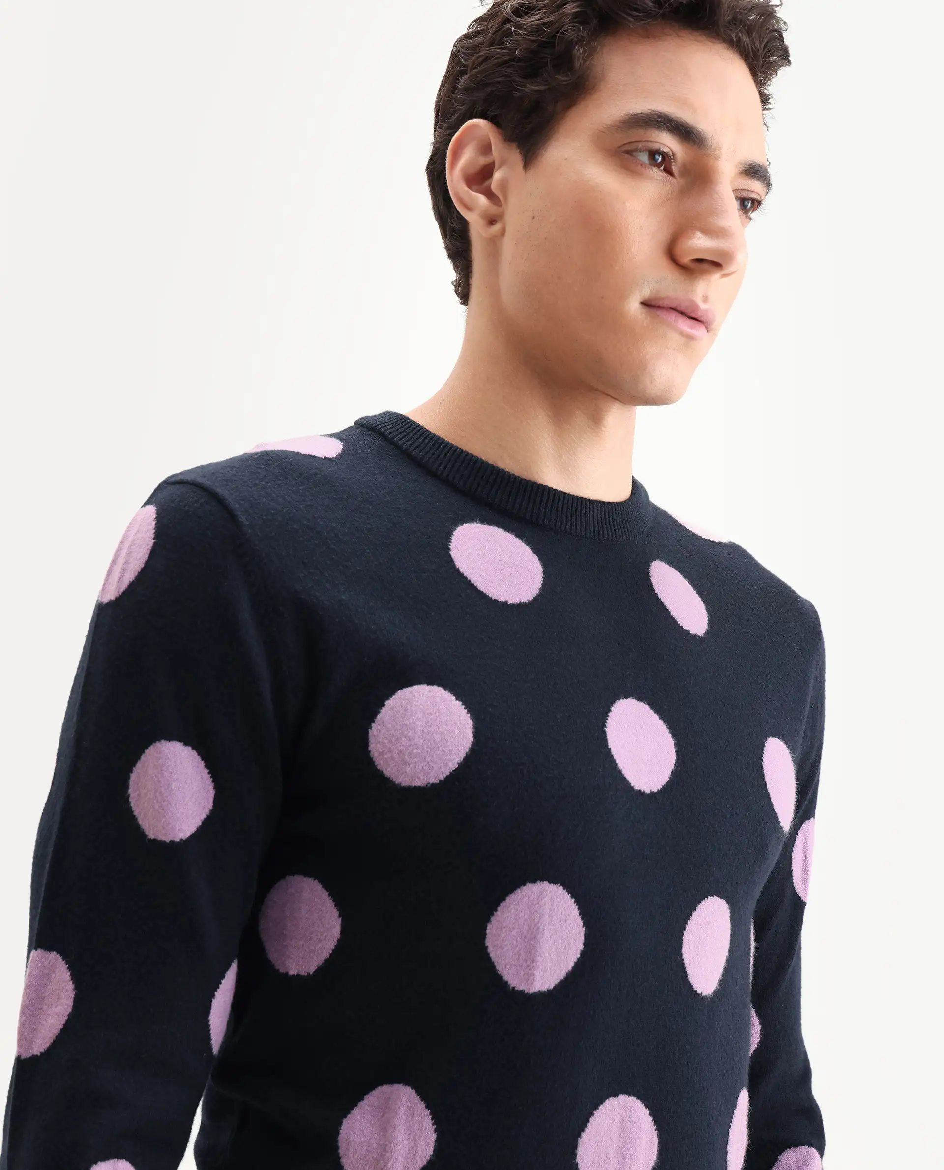 Rare Rabbit Men's Deremy Navy Viscose Polka Print Relaxed Fit Full Sleeve Crew Neck Sweater - Image 4