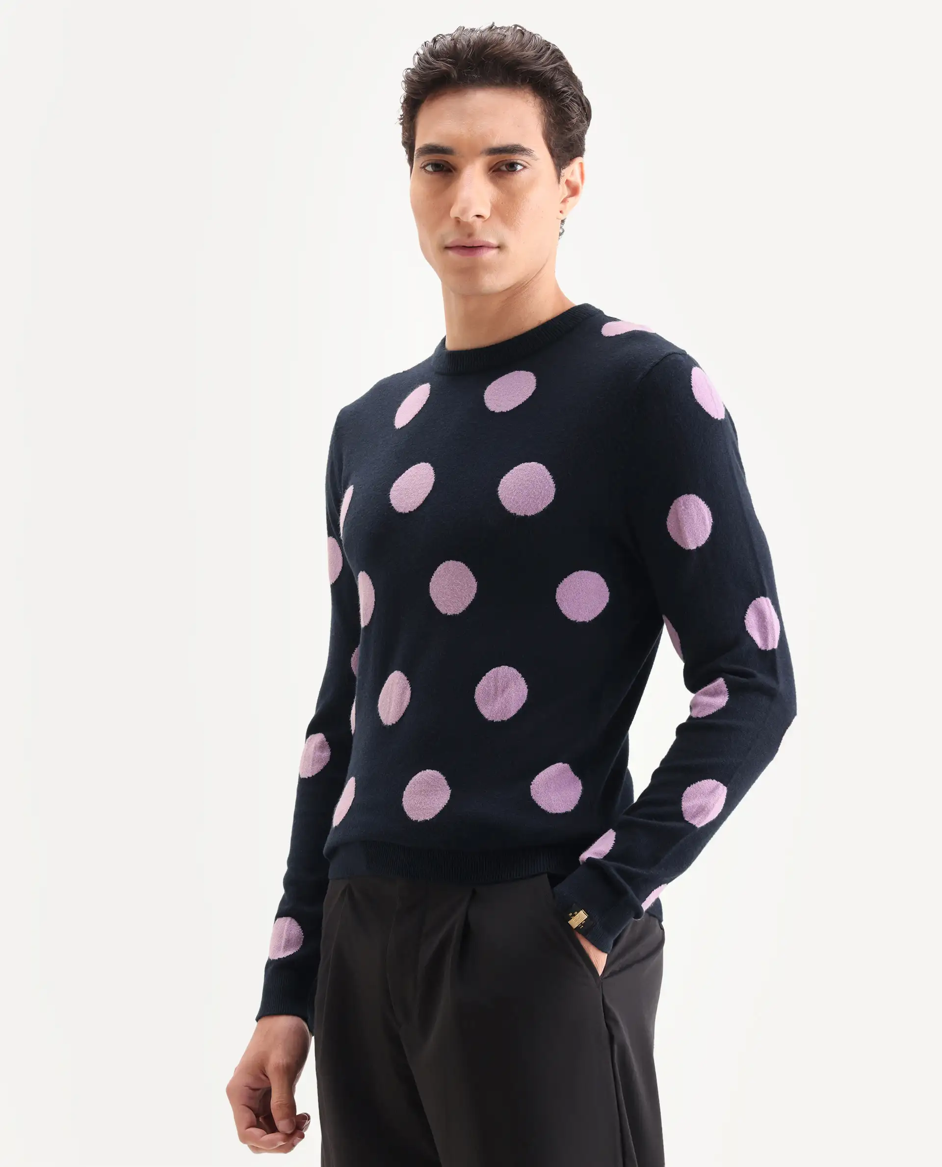 Rare Rabbit Men's Deremy Navy Viscose Polka Print Relaxed Fit Full Sleeve Crew Neck Sweater - Image 5
