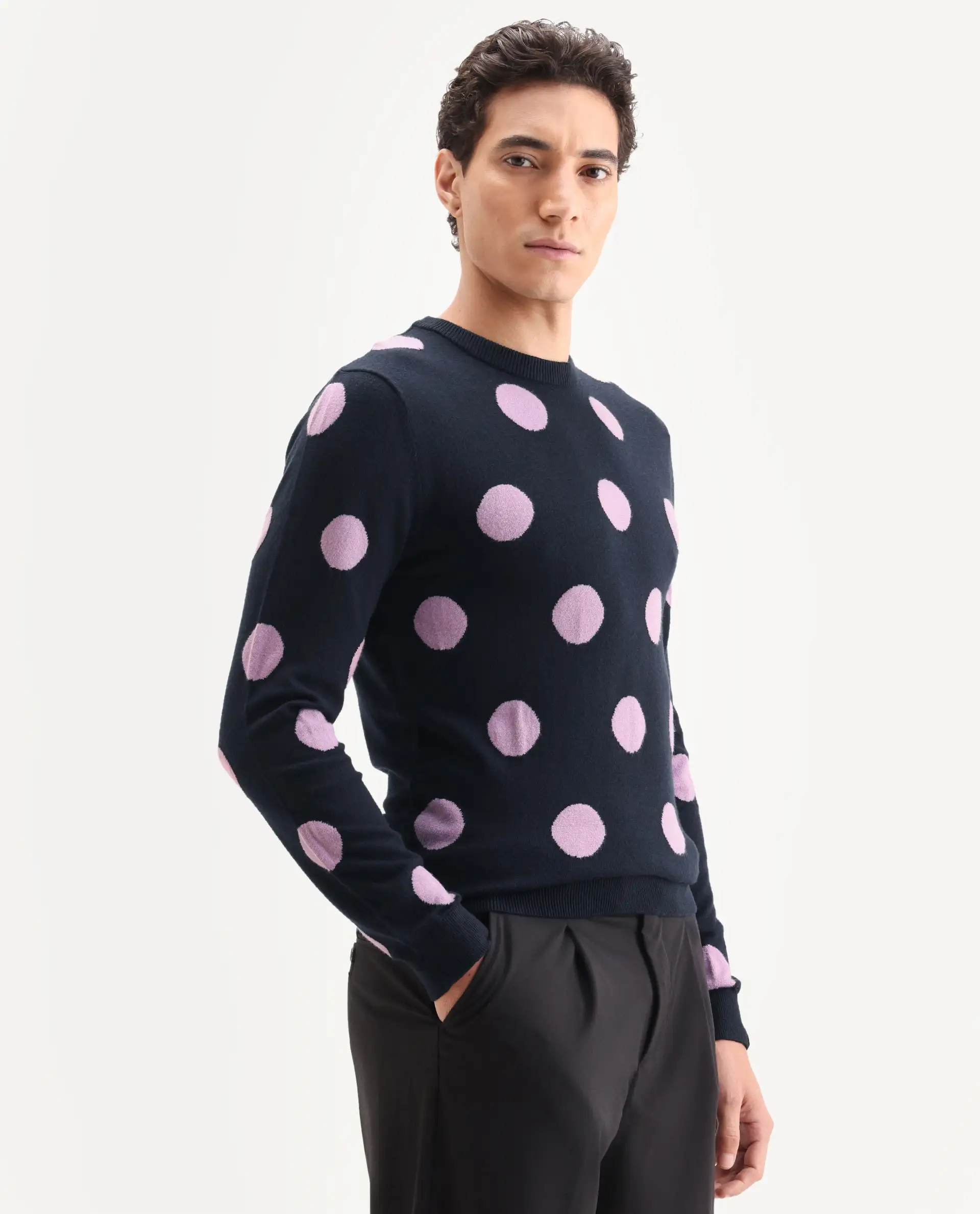 Rare Rabbit Men's Deremy Navy Viscose Polka Print Relaxed Fit Full Sleeve Crew Neck Sweater - Image 6