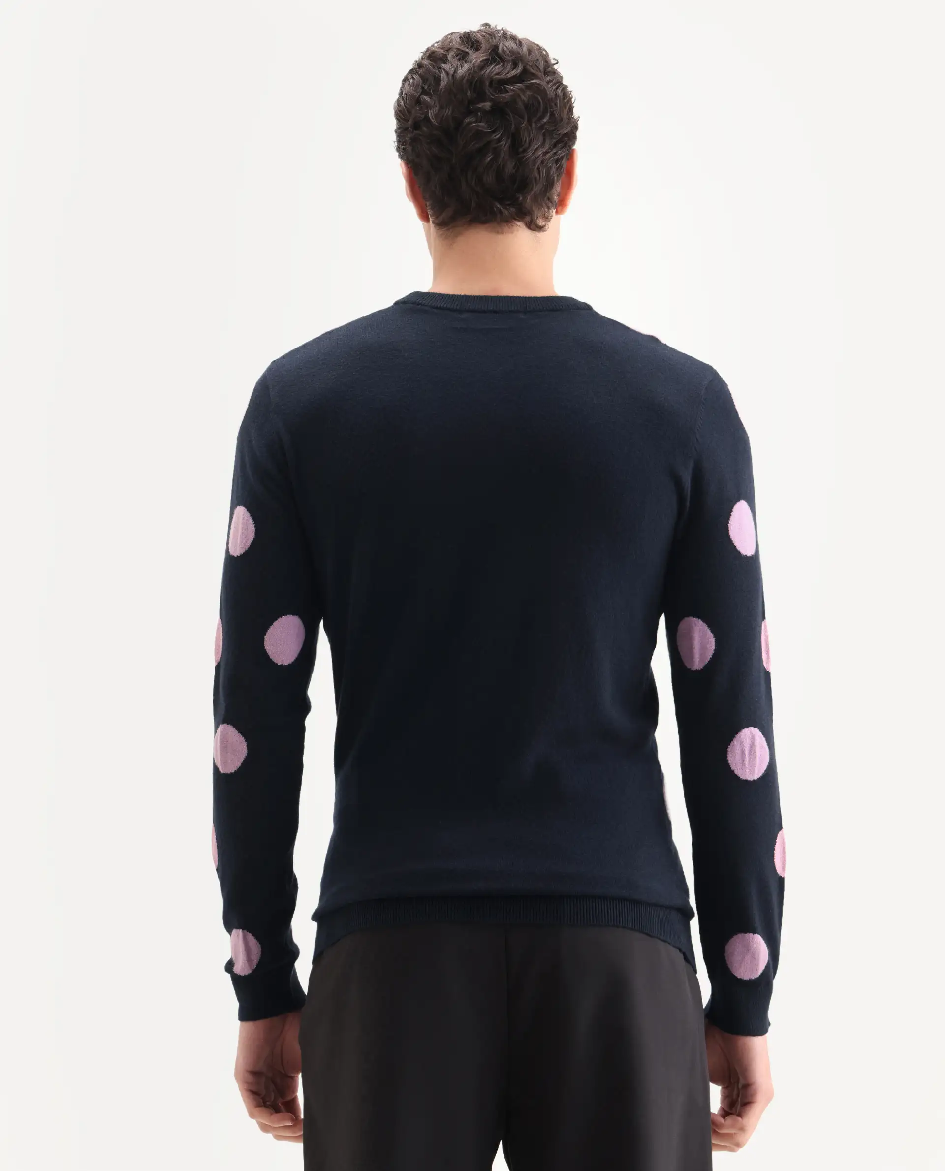 Rare Rabbit Men's Deremy Navy Viscose Polka Print Relaxed Fit Full Sleeve Crew Neck Sweater - Image 7