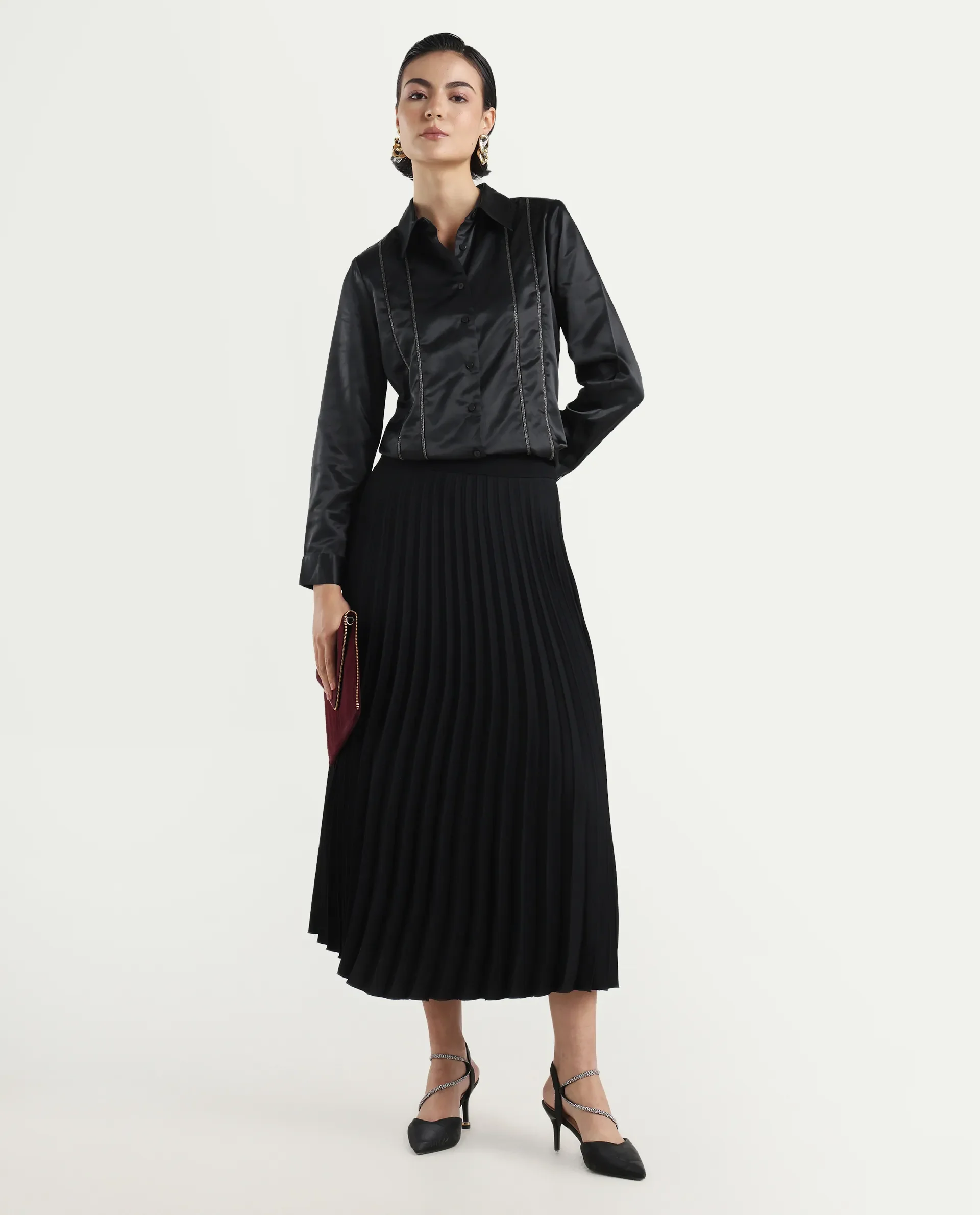 Rareism Women's Derep Black Satin Drop Collar Dyed Cuffed Sleeve Regular Fit Shirt - Image 2