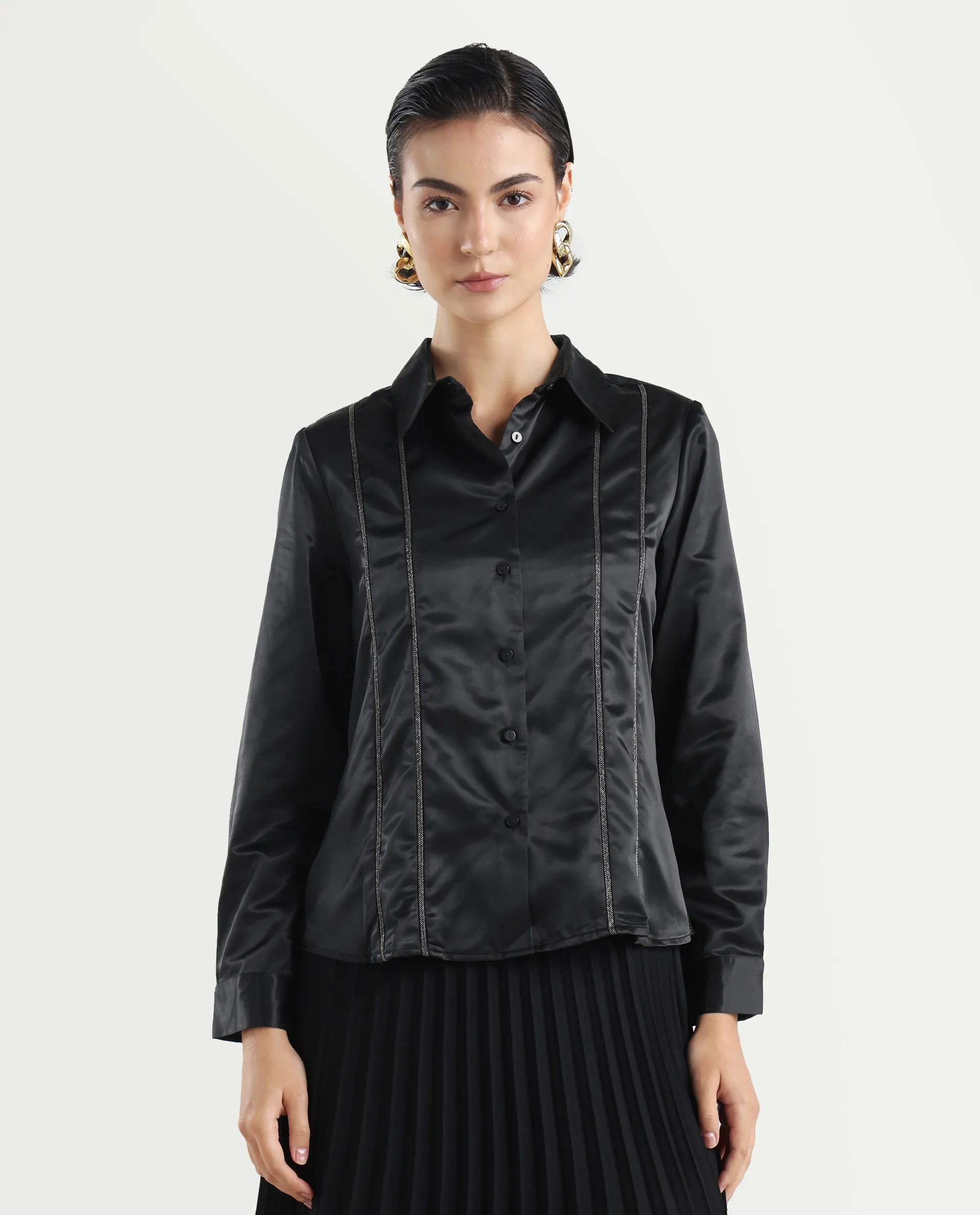 Rareism Women's Derep Black Satin Drop Collar Dyed Cuffed Sleeve Regular Fit Shirt - Image 3