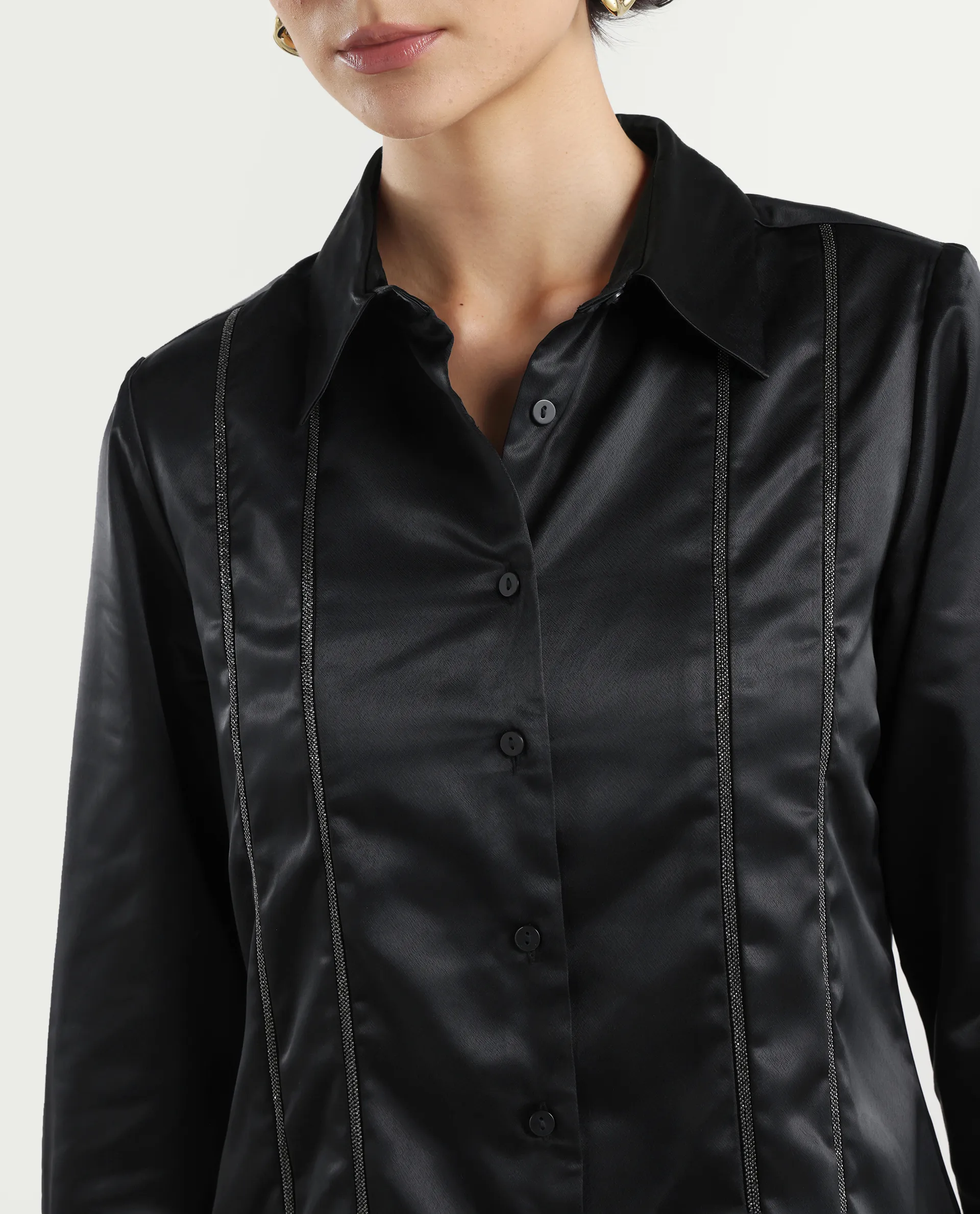 Rareism Women's Derep Black Satin Drop Collar Dyed Cuffed Sleeve Regular Fit Shirt - Image 4