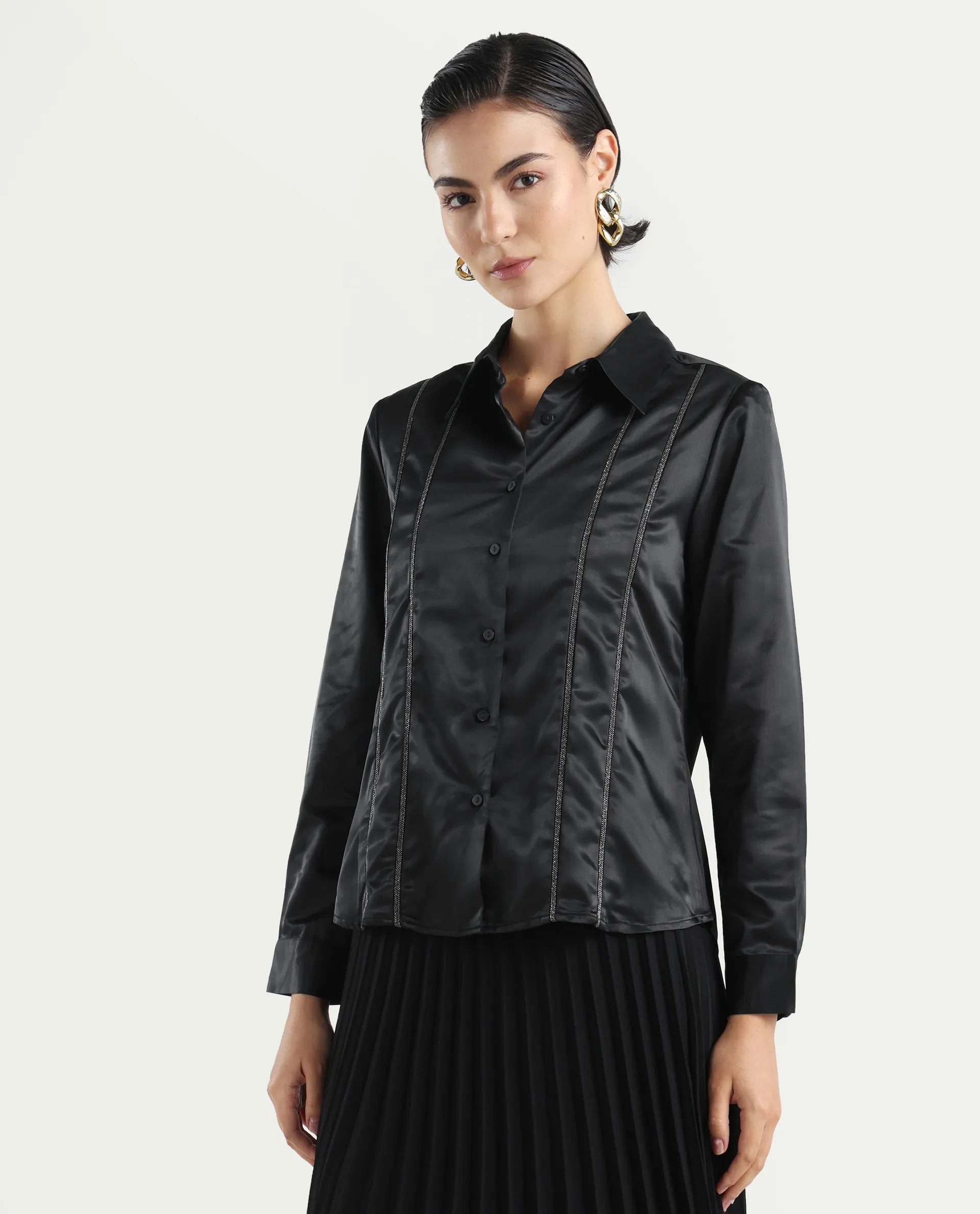 Rareism Women's Derep Black Satin Drop Collar Dyed Cuffed Sleeve Regular Fit Shirt - Image 5