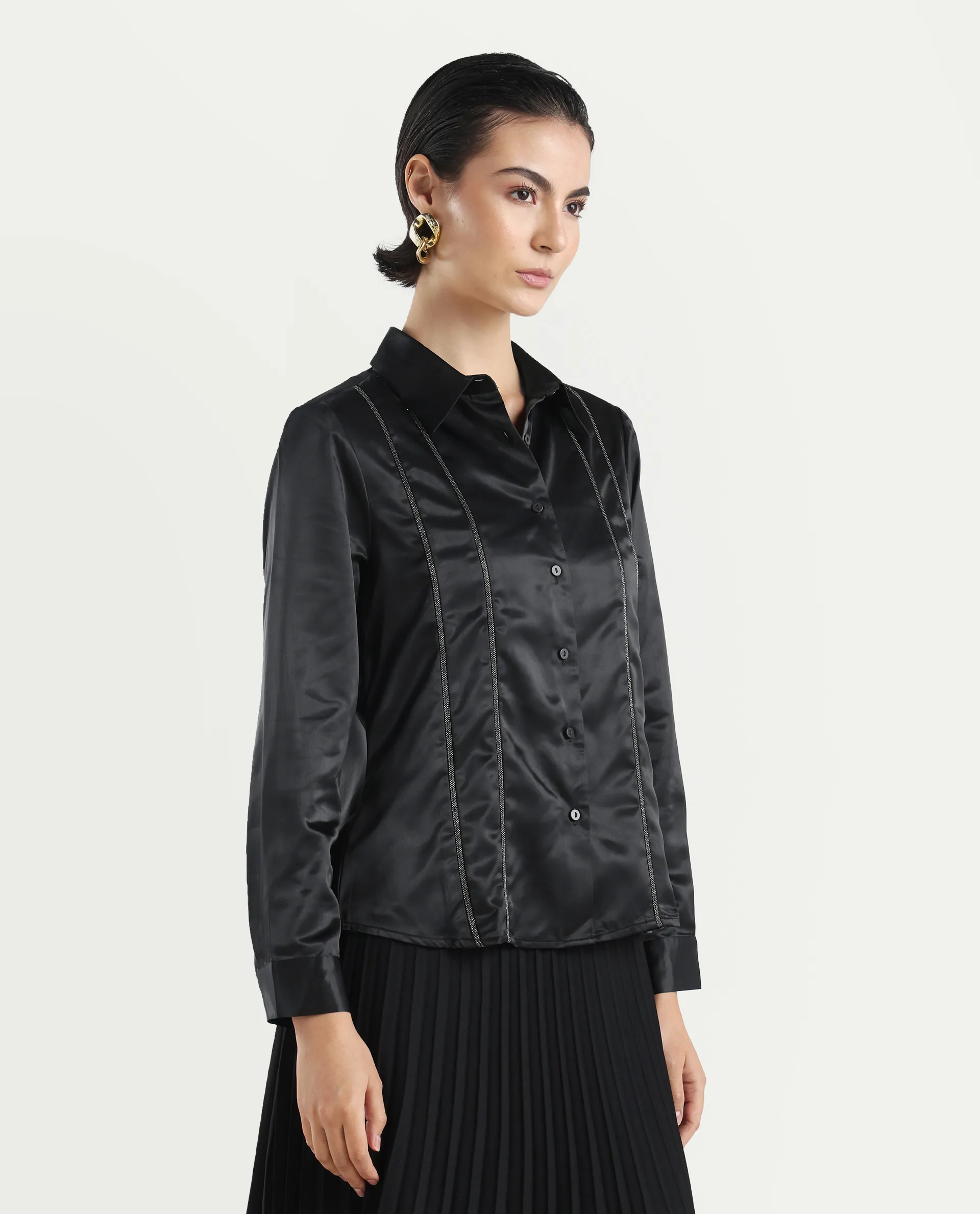 Rareism Women's Derep Black Satin Drop Collar Dyed Cuffed Sleeve Regular Fit Shirt - Image 6