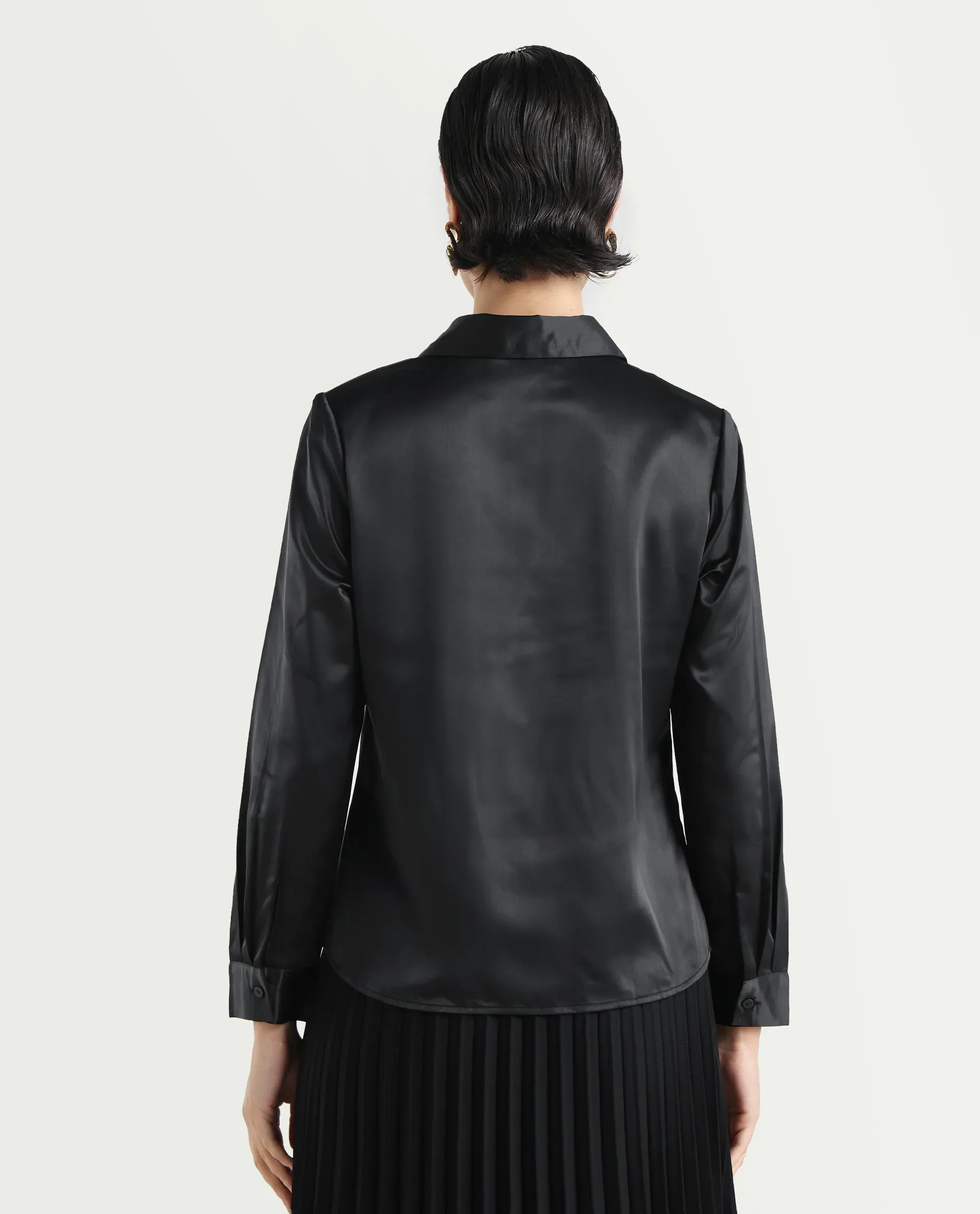 Rareism Women's Derep Black Satin Drop Collar Dyed Cuffed Sleeve Regular Fit Shirt - Image 7