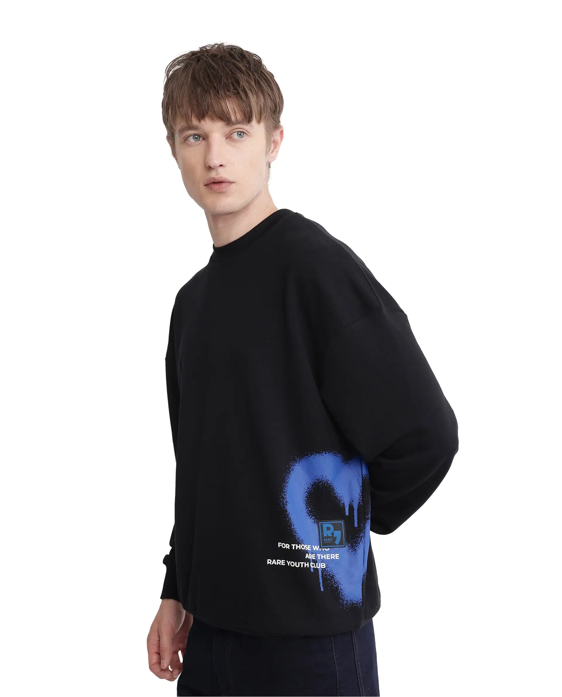 Rare Rabbit Men's Deric Black Cotton Blend Graphic Print Boxy Fit Full Sleeve Crew Neck Sweatshirt - Image 2