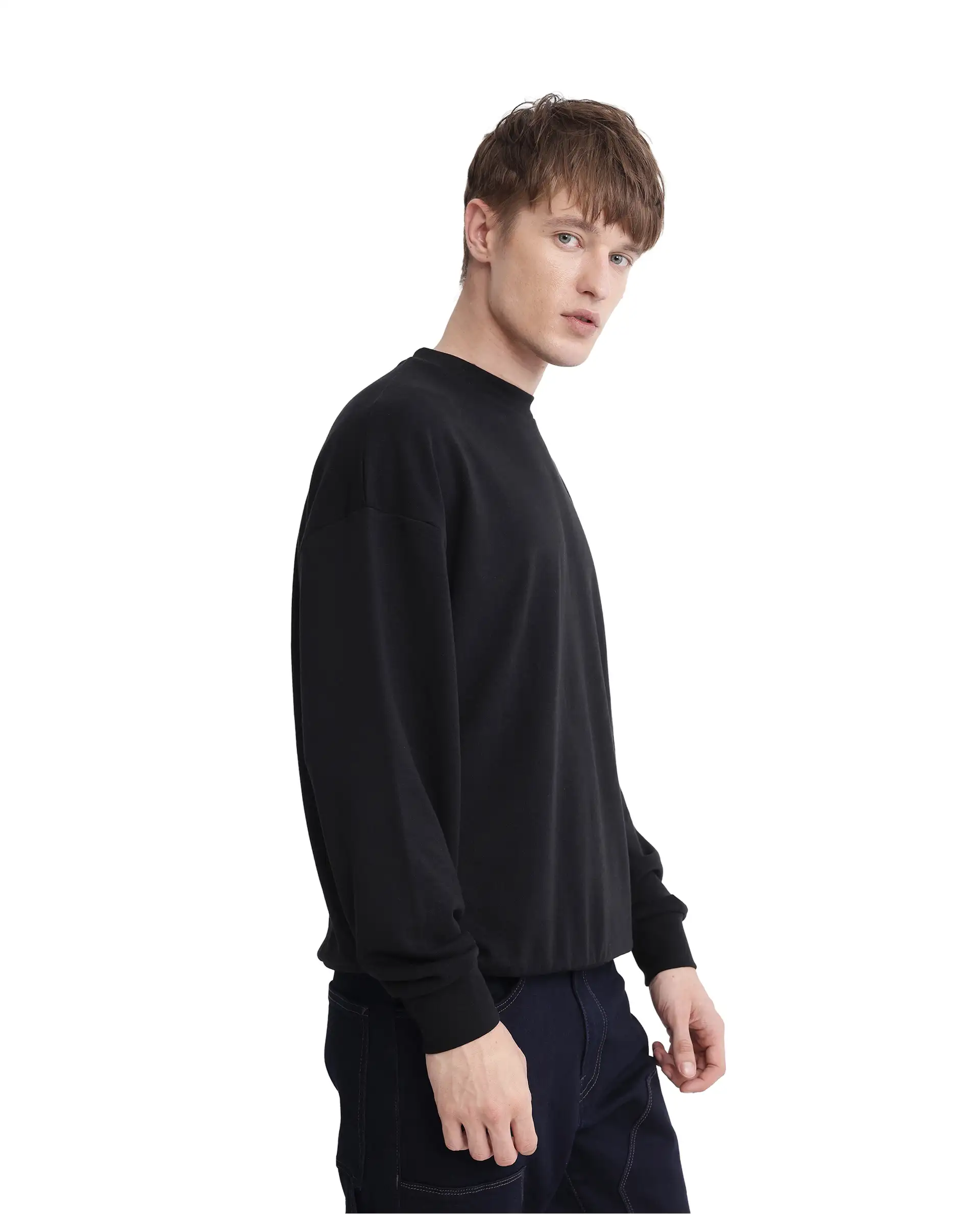 Rare Rabbit Men's Deric Black Cotton Blend Graphic Print Boxy Fit Full Sleeve Crew Neck Sweatshirt - Image 3