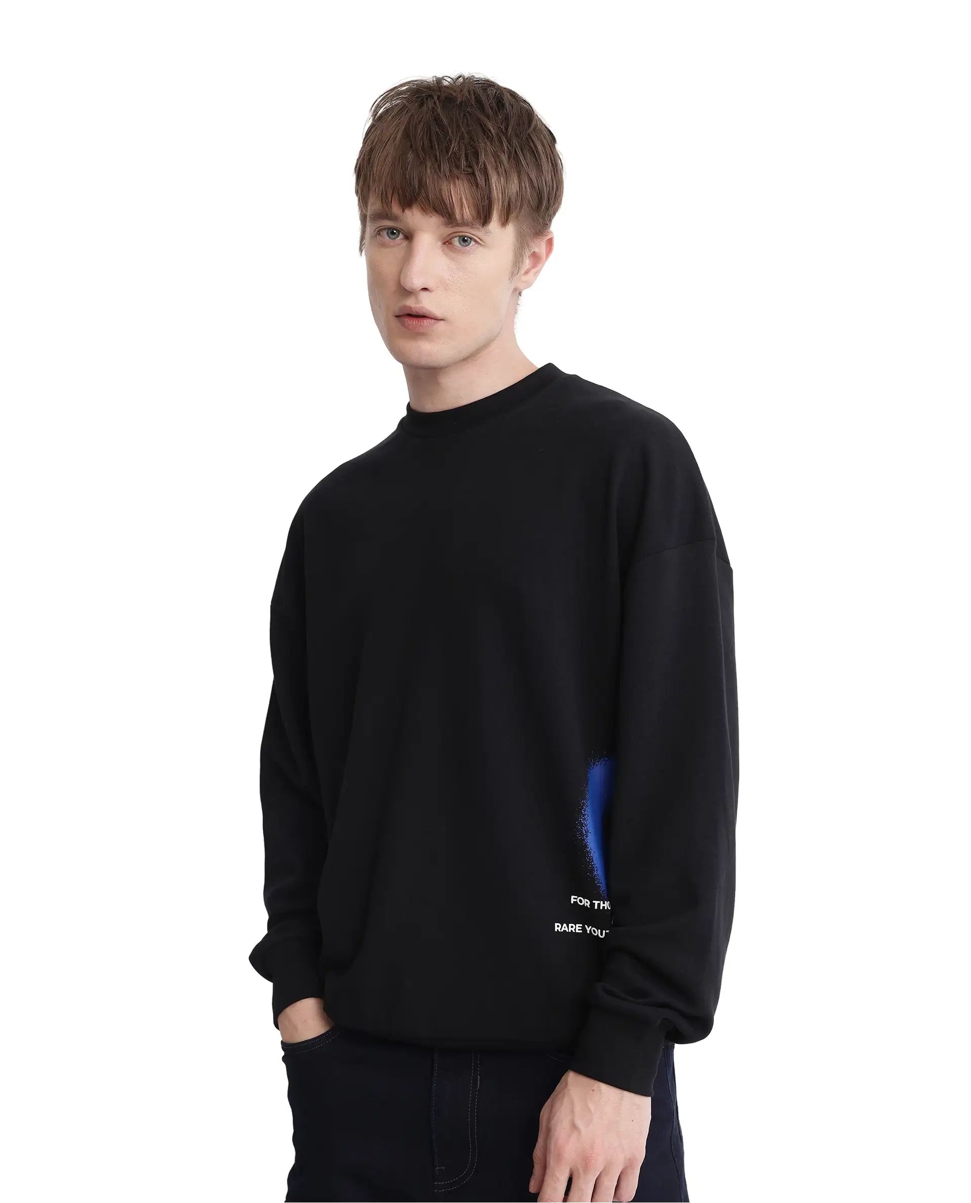 Rare Rabbit Men's Deric Black Cotton Blend Graphic Print Boxy Fit Full Sleeve Crew Neck Sweatshirt - Image 4