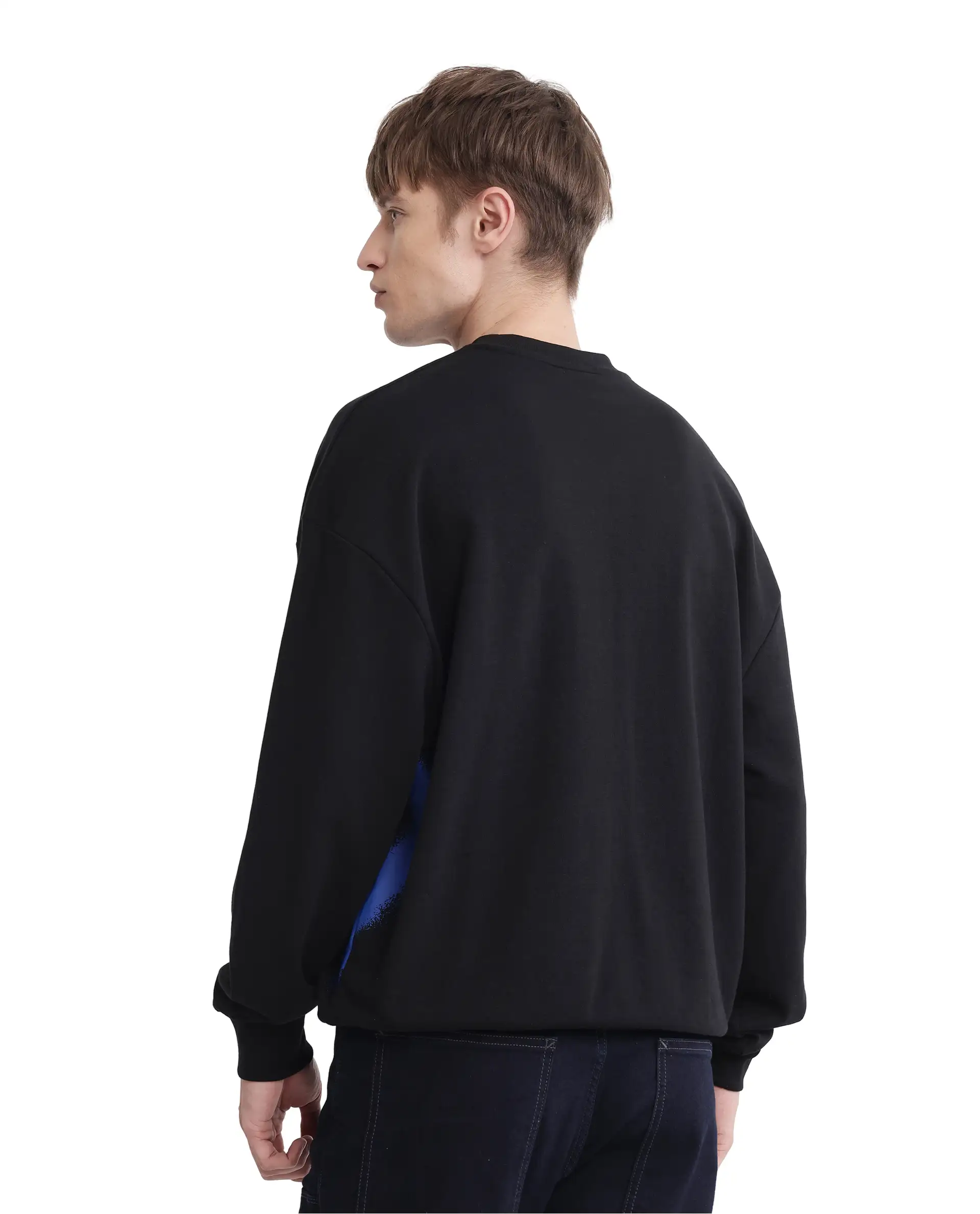 Rare Rabbit Men's Deric Black Cotton Blend Graphic Print Boxy Fit Full Sleeve Crew Neck Sweatshirt - Image 8