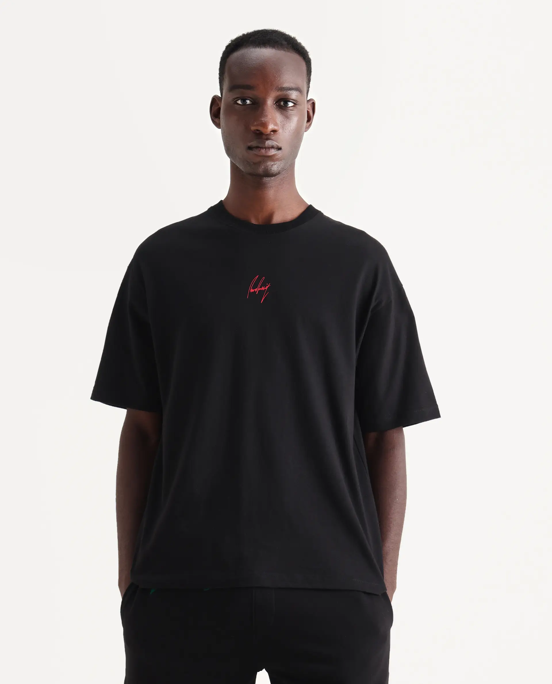 Rare Rabbit Men's Derion Black Cotton Label Print Boxy Fit Half Sleeve Crew Neck T-Shirt - Image 4