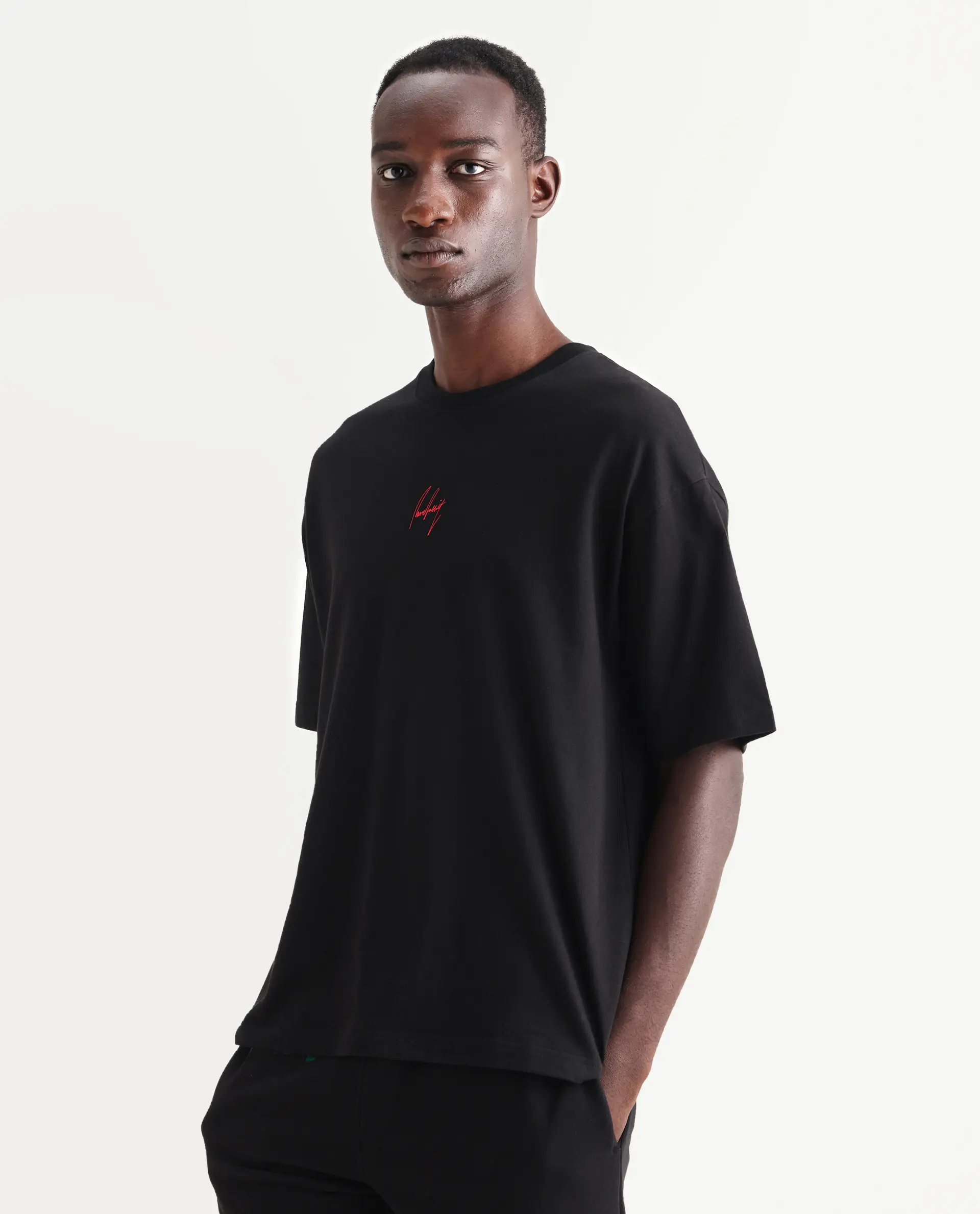 Rare Rabbit Men's Derion Black Cotton Label Print Boxy Fit Half Sleeve Crew Neck T-Shirt - Image 5