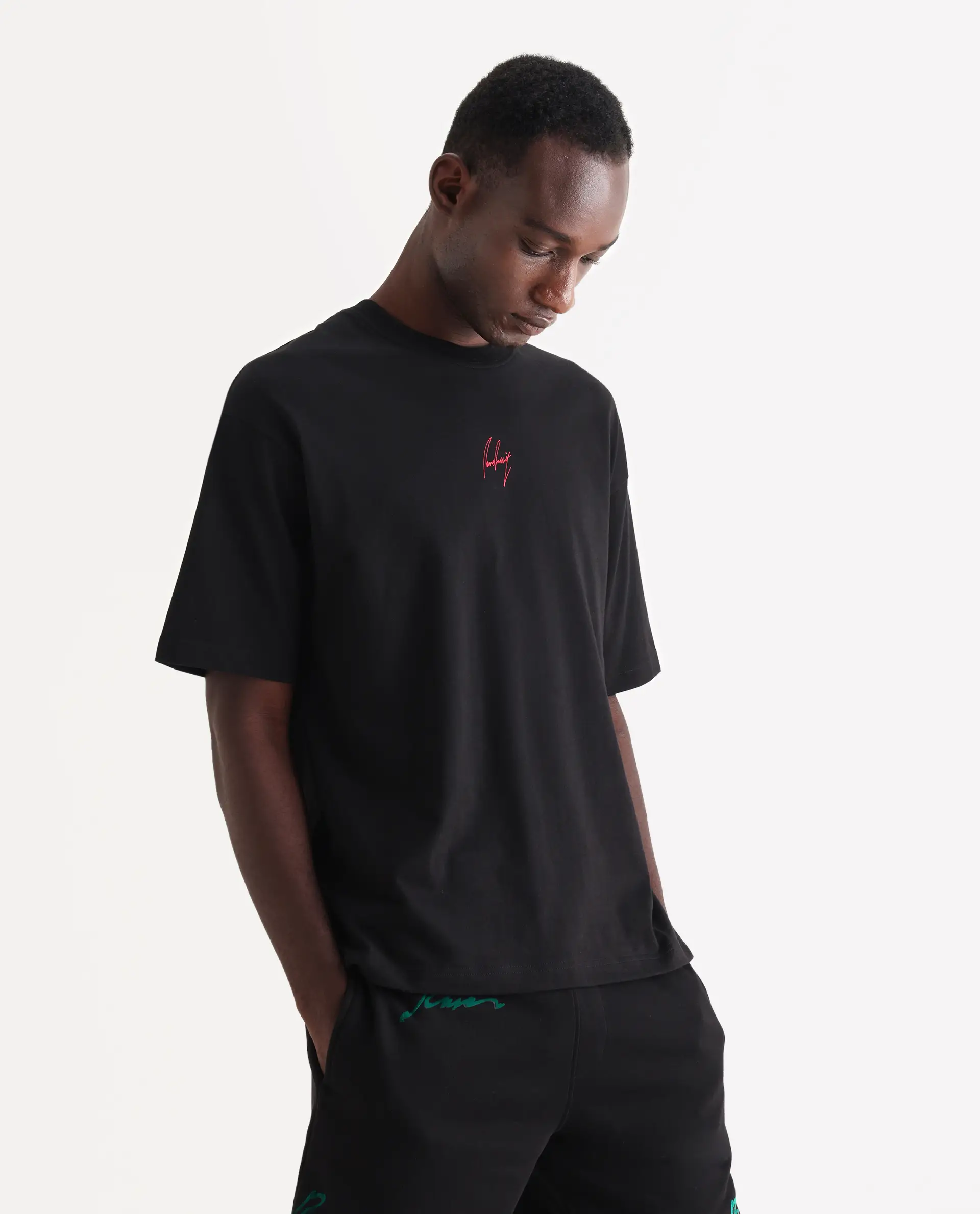 Rare Rabbit Men's Derion Black Cotton Label Print Boxy Fit Half Sleeve Crew Neck T-Shirt - Image 6