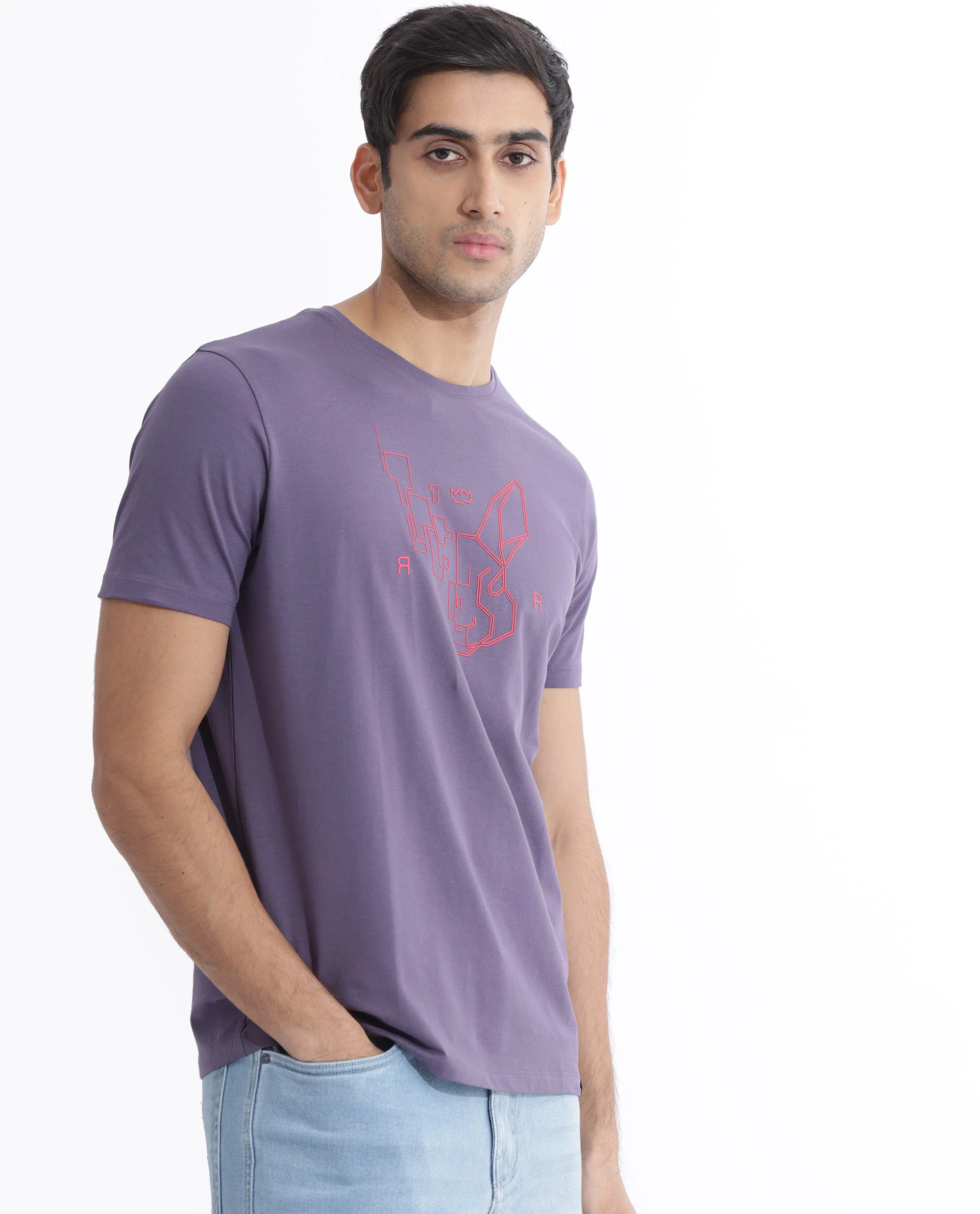 Rare Rabbit Men's Dern Dusky Purple Cotton Blend Graphic Print Regular Fit Half Sleeve Crew Neck T-Shirt - Image 4