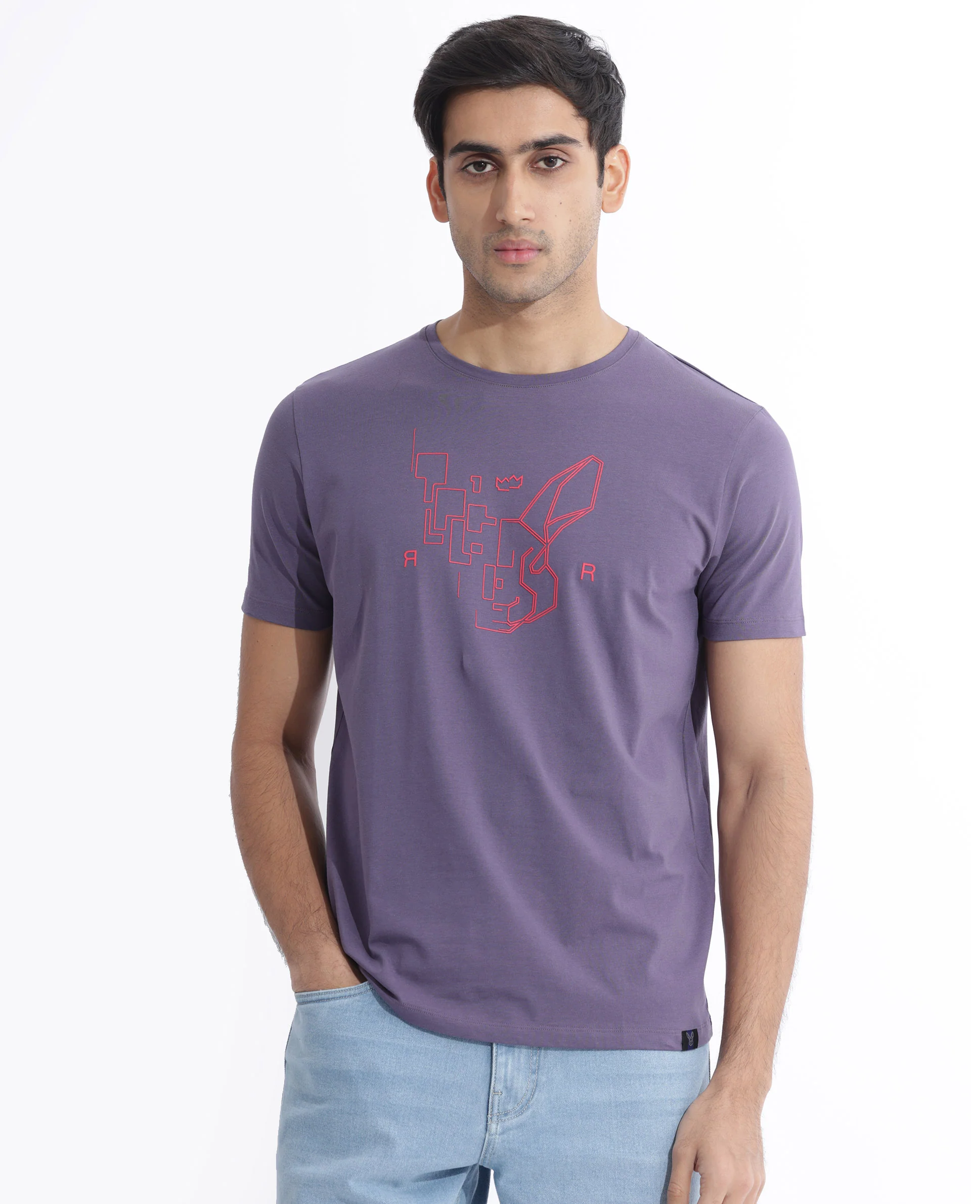 Rare Rabbit Men's Dern Dusky Purple Cotton Blend Graphic Print Regular Fit Half Sleeve Crew Neck T-Shirt - Image 5