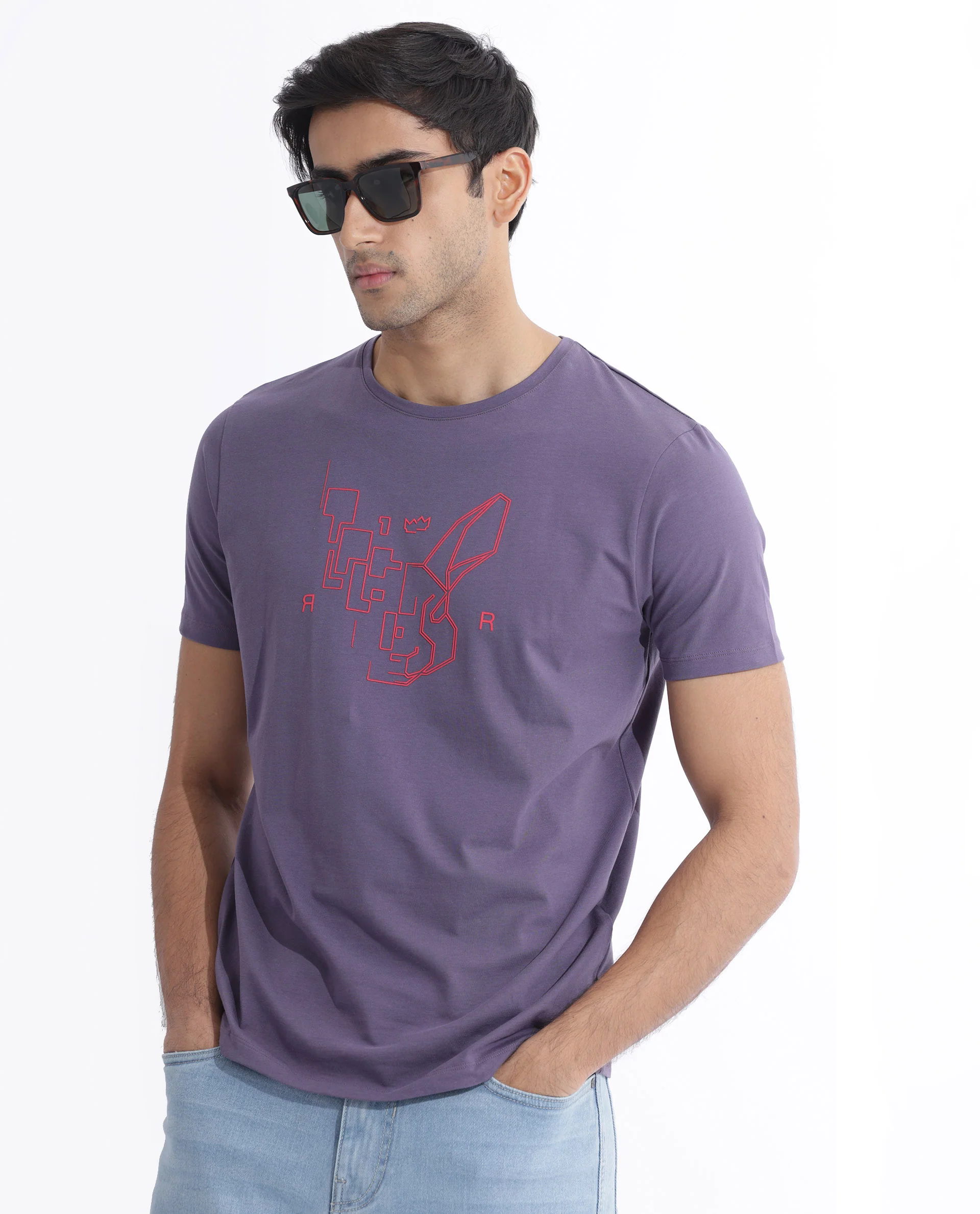 Rare Rabbit Men's Dern Dusky Purple Cotton Blend Graphic Print Regular Fit Half Sleeve Crew Neck T-Shirt - Image 6