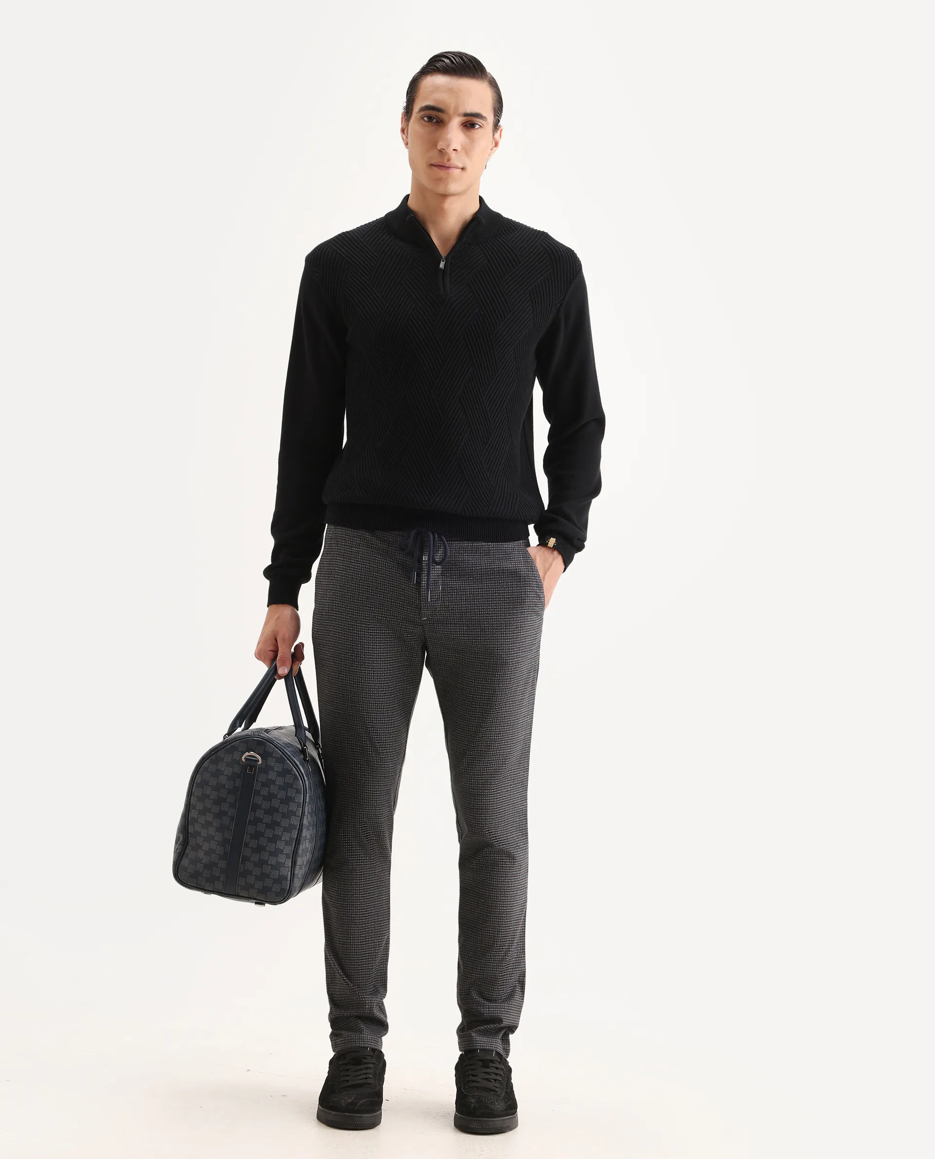 Rare Rabbit Men's Deros Dark Grey Cotton Checked Print Regular Fit Trouser