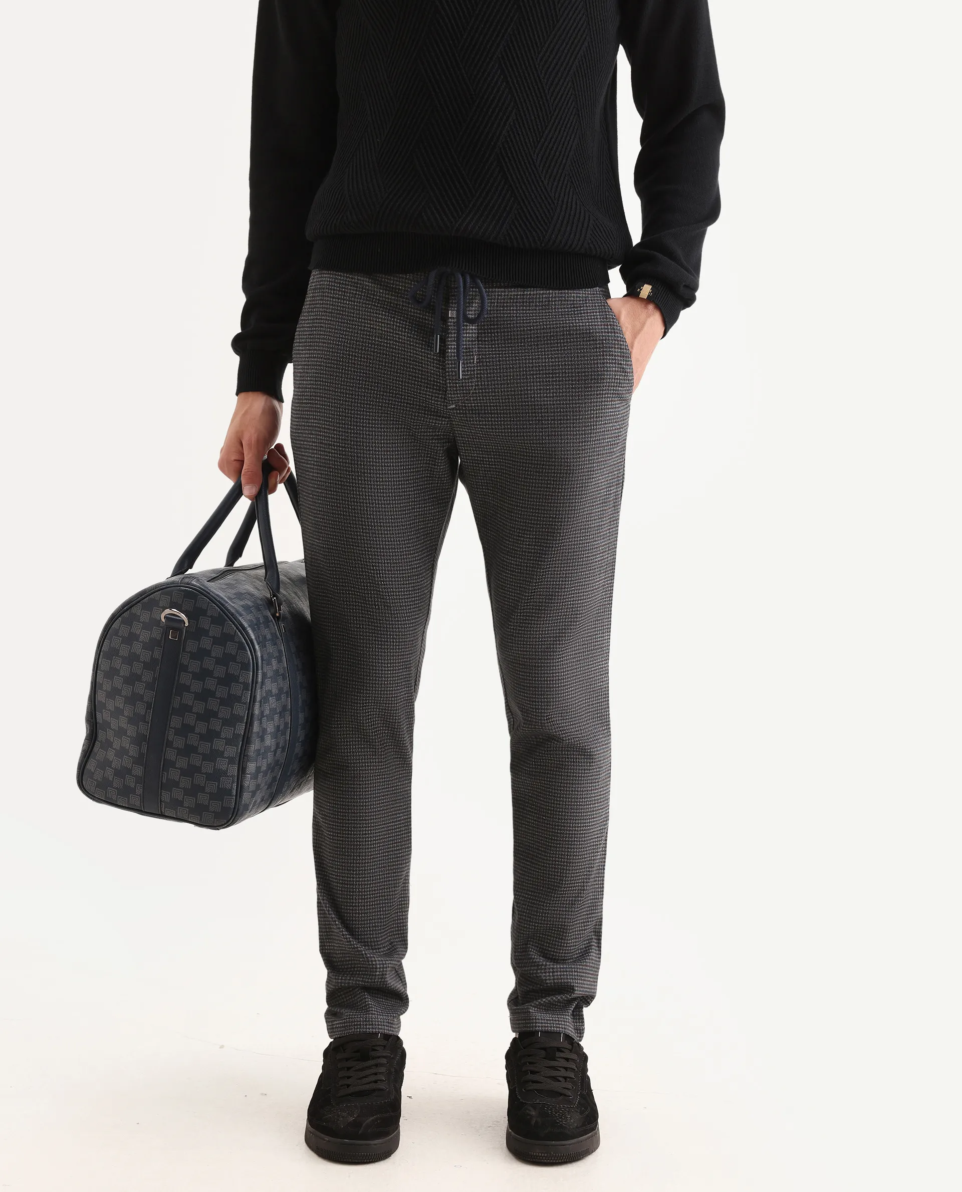 Rare Rabbit Men's Deros Dark Grey Cotton Checked Print Regular Fit Trouser - Image 2