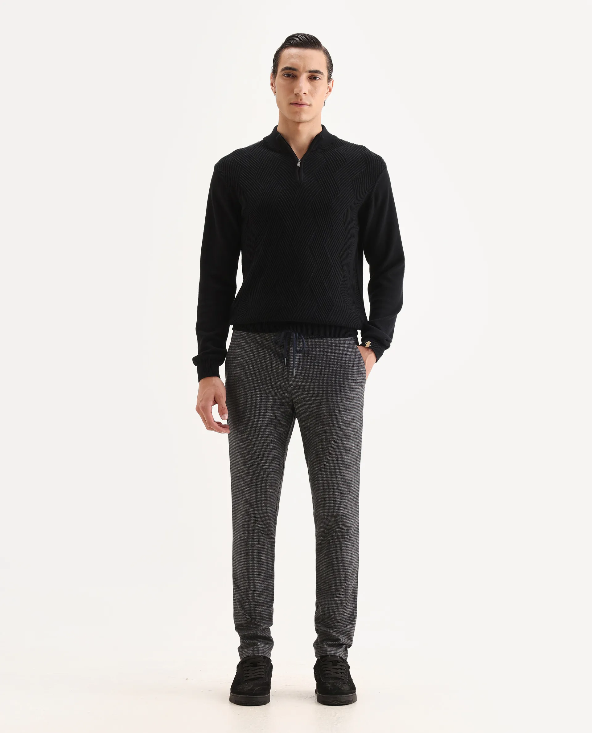 Rare Rabbit Men's Deros Dark Grey Cotton Checked Print Regular Fit Trouser - Image 4