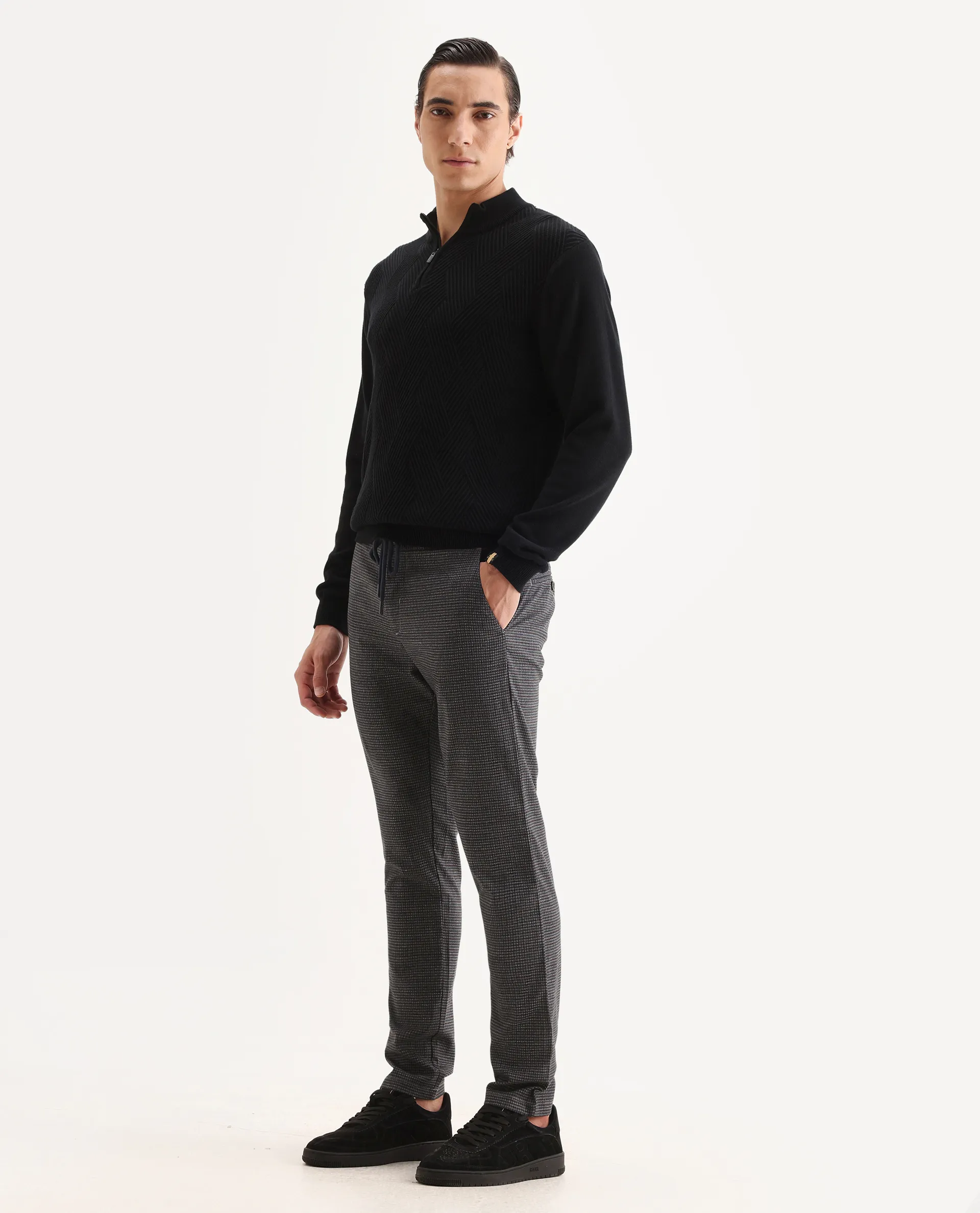 Rare Rabbit Men's Deros Dark Grey Cotton Checked Print Regular Fit Trouser - Image 5