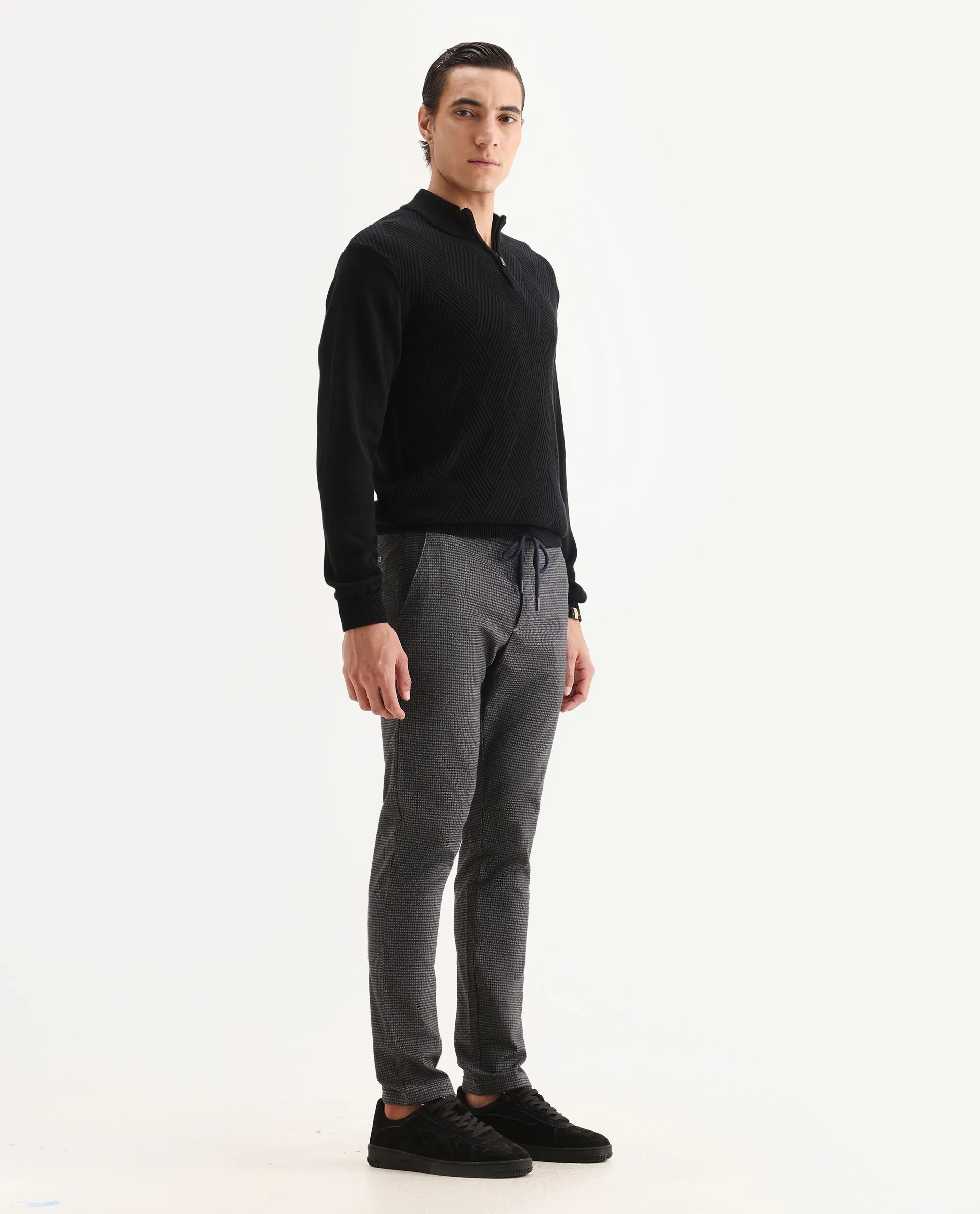 Rare Rabbit Men's Deros Dark Grey Cotton Checked Print Regular Fit Trouser - Image 6