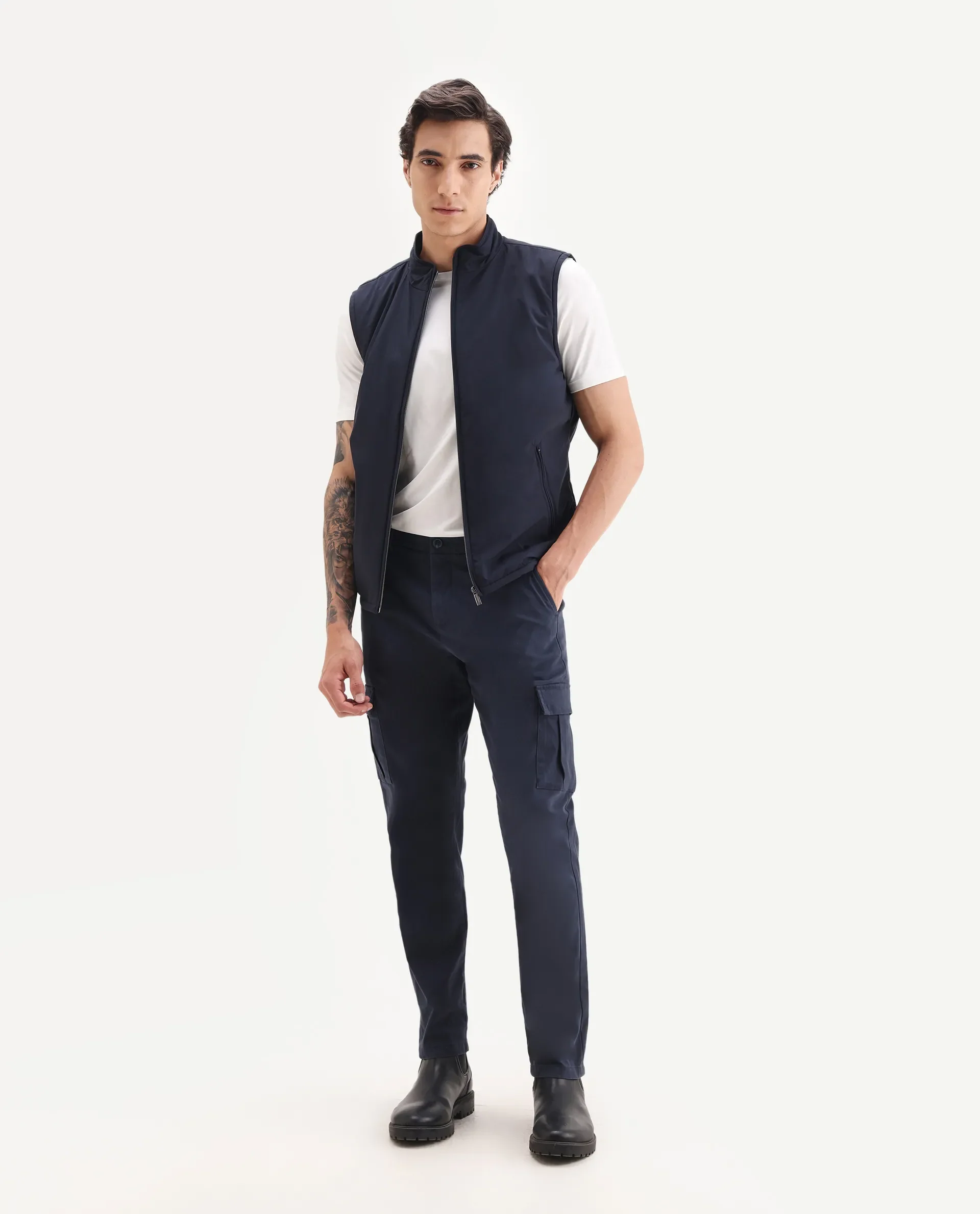 Rare Rabbit Men's Derry Navy Polyester Fabric High Neck Regular Fit Plain Jacket - Image 2