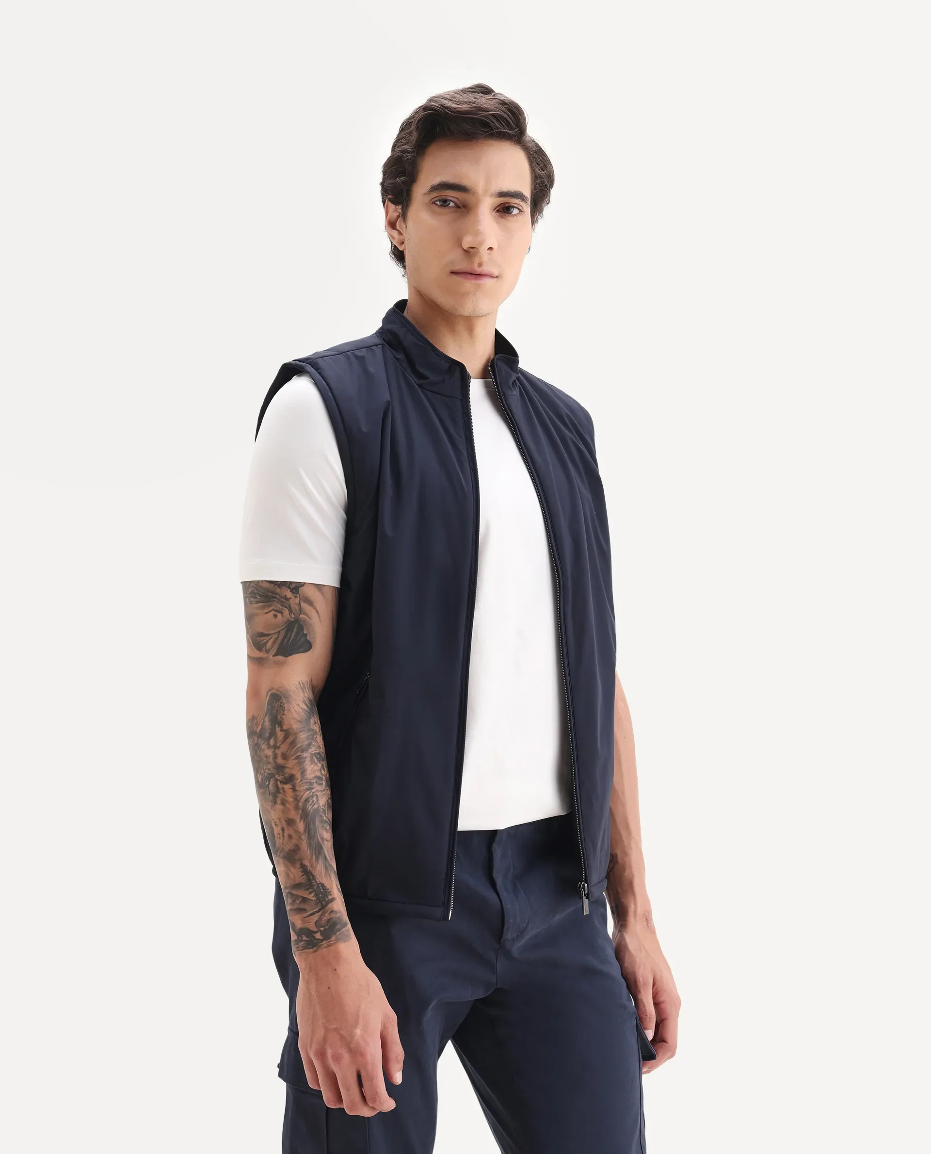 Rare Rabbit Men's Derry Navy Polyester Fabric High Neck Regular Fit Plain Jacket - Image 4