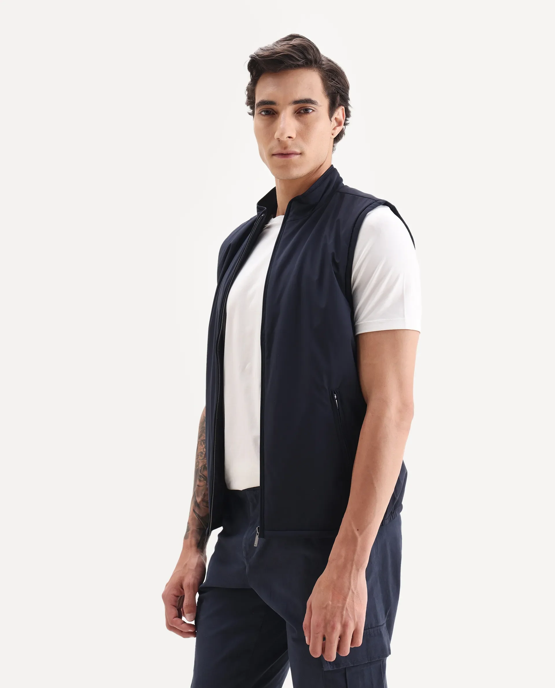 Rare Rabbit Men's Derry Navy Polyester Fabric High Neck Regular Fit Plain Jacket - Image 5