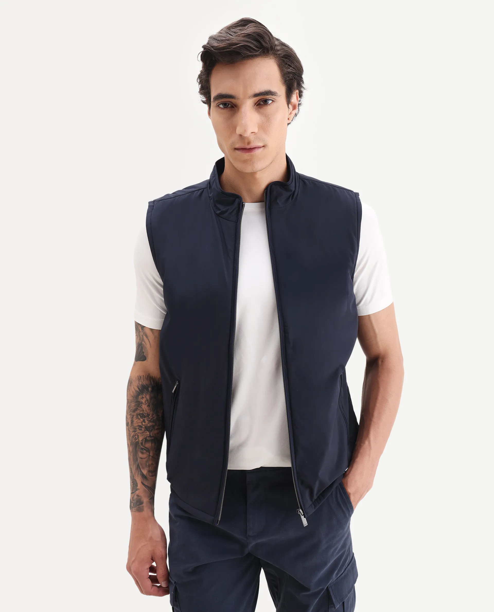 Rare Rabbit Men's Derry Navy Polyester Fabric High Neck Regular Fit Plain Jacket - Image 7