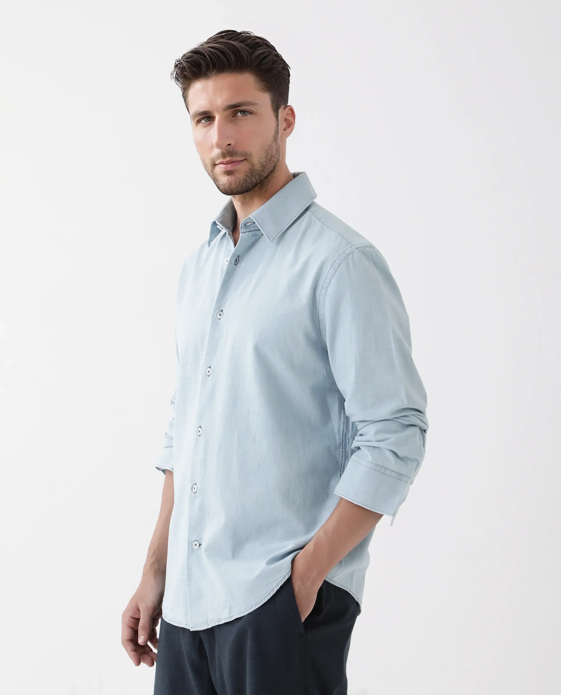 Rare Rabbit Men's Derry Blue Cotton Plain Regular Fit Full Sleeve Collared Shirt - Image 5
